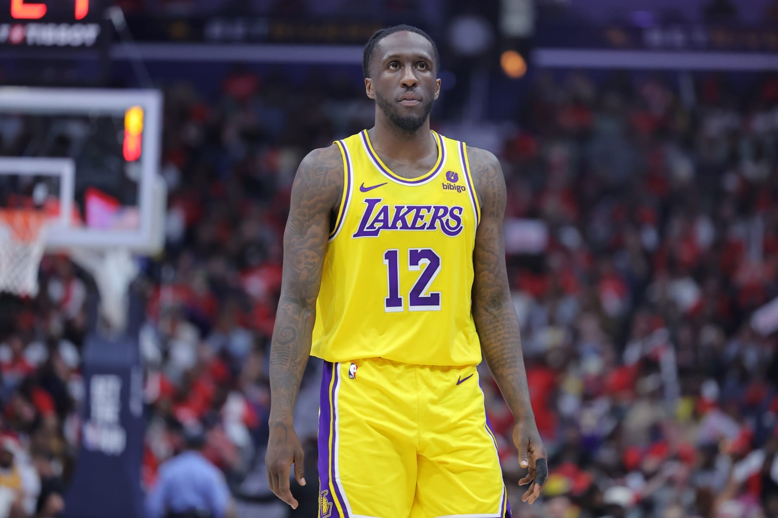 NEW ORLEANS, LOUISIANA - APRIL 16: Taurean Prince #12 of the Los Angeles Lakers reacts against the New Orleans Pelicans during a play-in tournament game at the Smoothie King Center on April 16, 2024 in New Orleans, Louisiana. NOTE TO USER: User expressly acknowledges and agrees that, by downloading and or using this Photograph, user is consenting to the terms and conditions of the Getty Images License Agreement. (Photo by Jonathan Bachman/Getty Images) NEW ORLEANS, LOUISIANA - APRIL 16: Taurean Prince #12 of the Los Angeles Lakers reacts against the New Orleans Pelicans during a play-in tournament game at the Smoothie King Center on April 16, 2024 in New Orleans, Louisiana. NOTE TO USER: User expressly acknowledges and agrees that, by downloading and or using this Photograph, user is consenting to the terms and conditions of the Getty Images License Agreement. (Photo by Jonathan Bachman/Getty Images)