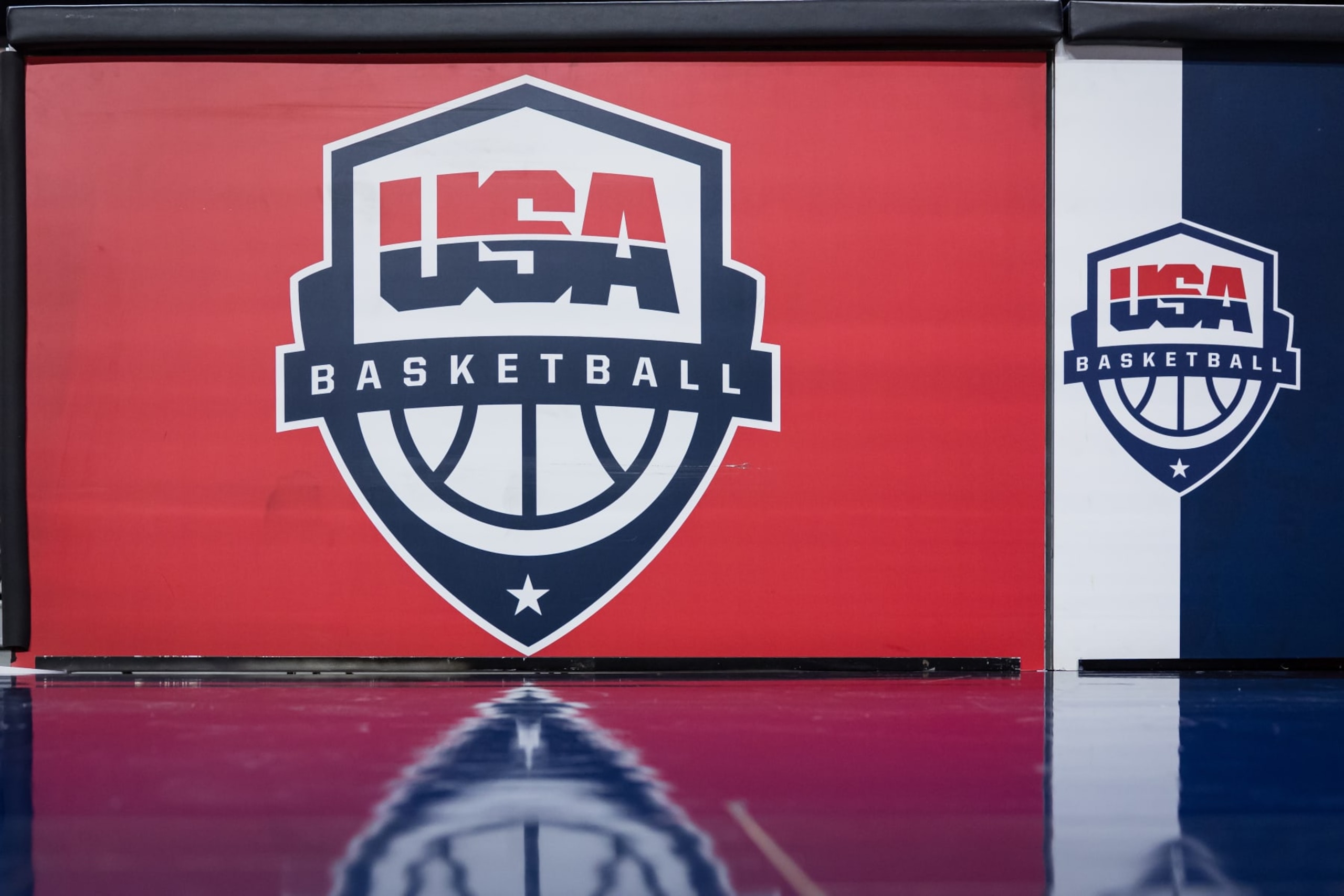 WASHINGTON, DC - FEBRUARY 24: A view of the USA Basketball logo on signage before the FIBA Basketball World Cup 2023 Qualifier between the United States and Puerto Rico at Entertainment & Sports Arena on February 24, 2022 in Washington, DC.  (Photo by Scott Taetsch/Getty Images)