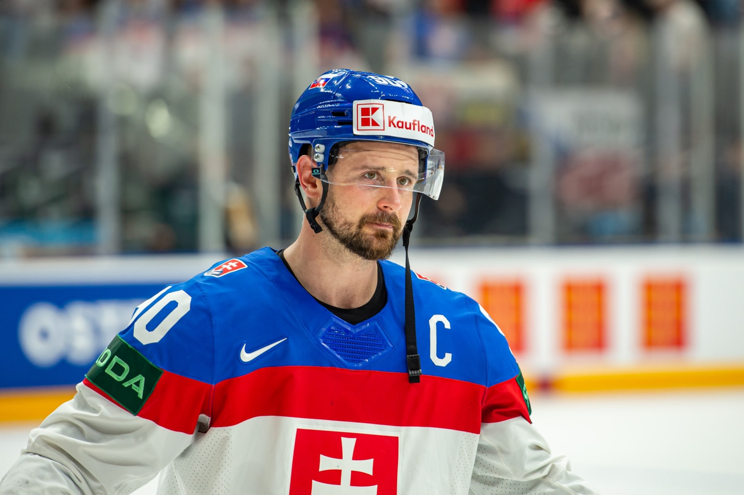 PRAGUE, CZECH REPUBLIC - MAY 23: Tomas Tatar #90 of Slovakia looks on after the 2024 IIHF Ice Hockey World Championship Czechia Quarterfinal match between Canada and Slovakia at Prague Arena, Czech Republic. (Photo by RvS.Media/Monika Majer/Getty Images)