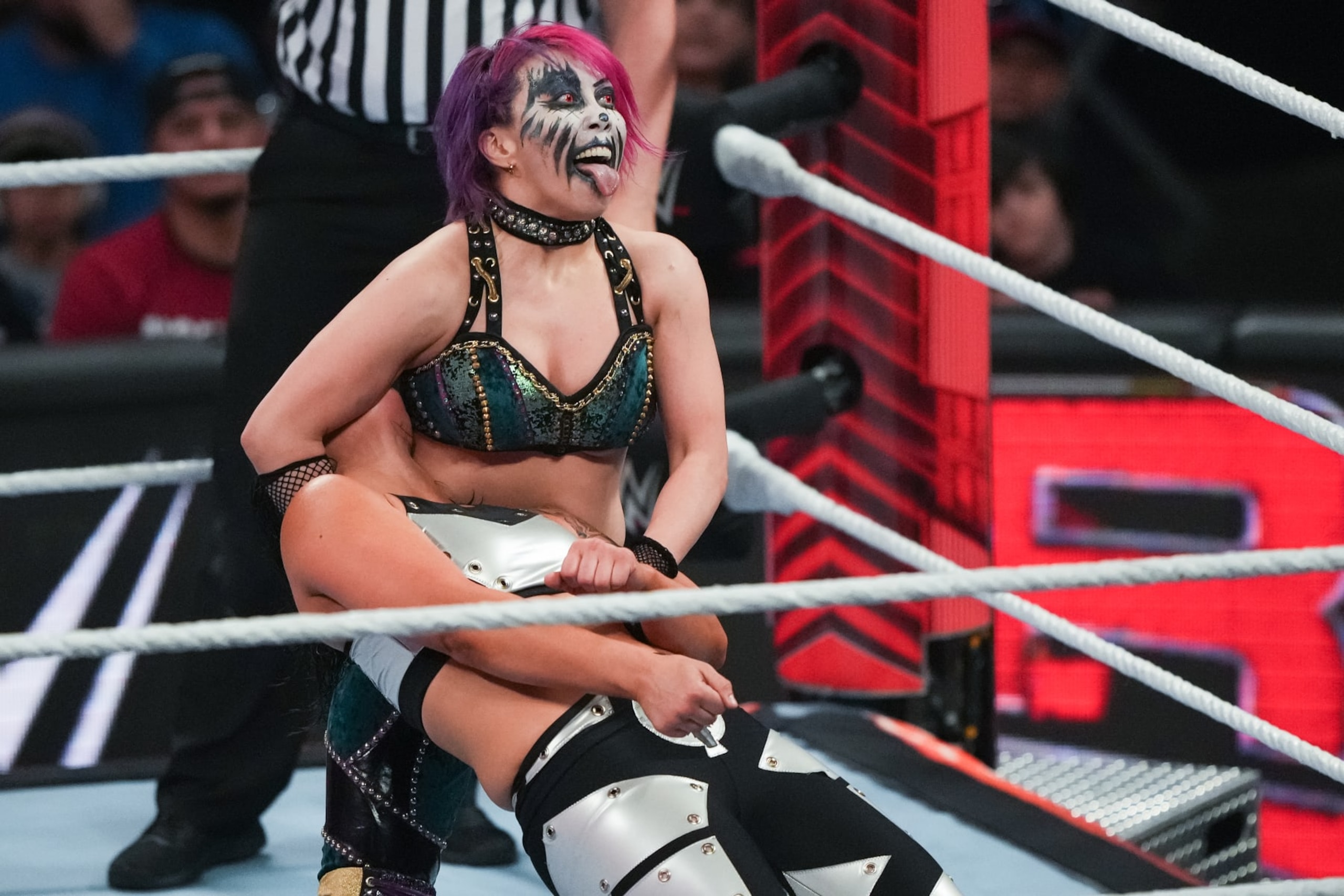 HOUSTON, TEXAS - MARCH 11: Asuka reacts during WWE Monday Night RAW at Toyota Center on March 11, 2024 in Houston, Texas. (Photo by Alex Bierens de Haan/Getty Images)
