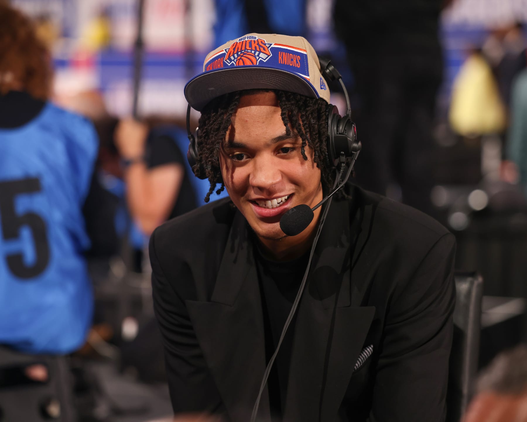 BROOKLYN, NY - JUNE 26: Pacome Dadiet talks to the media during the 2024 NBA Draft - Round One on June 26, 2024 at Barclays Center in Brooklyn, New York. NOTE TO USER: User expressly acknowledges and agrees that, by downloading and or using this photograph, User is consenting to the terms and conditions of the Getty Images License Agreement. Mandatory Copyright Notice: Copyright 2024 NBAE (Photo by Kai Tsehay/NBAE via Getty Images)