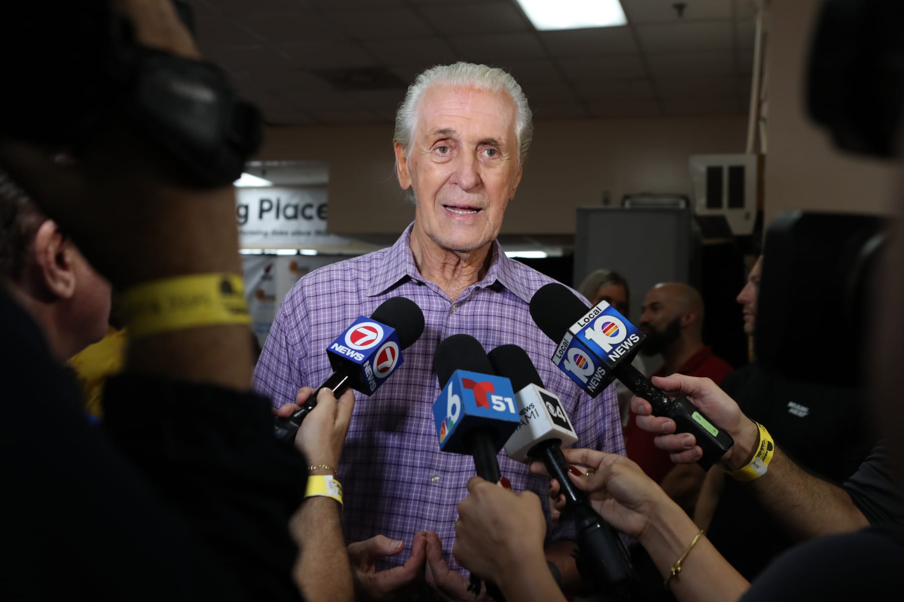 MIAMI, FL - NOVEMBER 15: Pat Riley of the Miami Heat participates in a Thanksgiving Celebration at Miami Rescue Mission on November 15, 2023. NOTE TO USER: User expressly acknowledges and agrees that, by downloading and/or using this photograph, user is consenting to the terms and conditions of the Getty Images License Agreement. Mandatory copyright notice: Copyright NBAE 2023 (Photo by Issac Baldizon/NBAE via Getty Images)