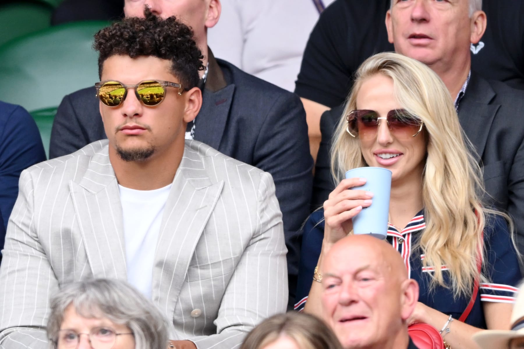 LONDON, ENGLAND - JULY 05: Patrick Mahomes and Brittany Mahomes attend day five of the Wimbledon Tennis Championships at the All England Lawn Tennis and Croquet Club on July 05, 2024 in London, England. (Photo by Karwai Tang/WireImage)
