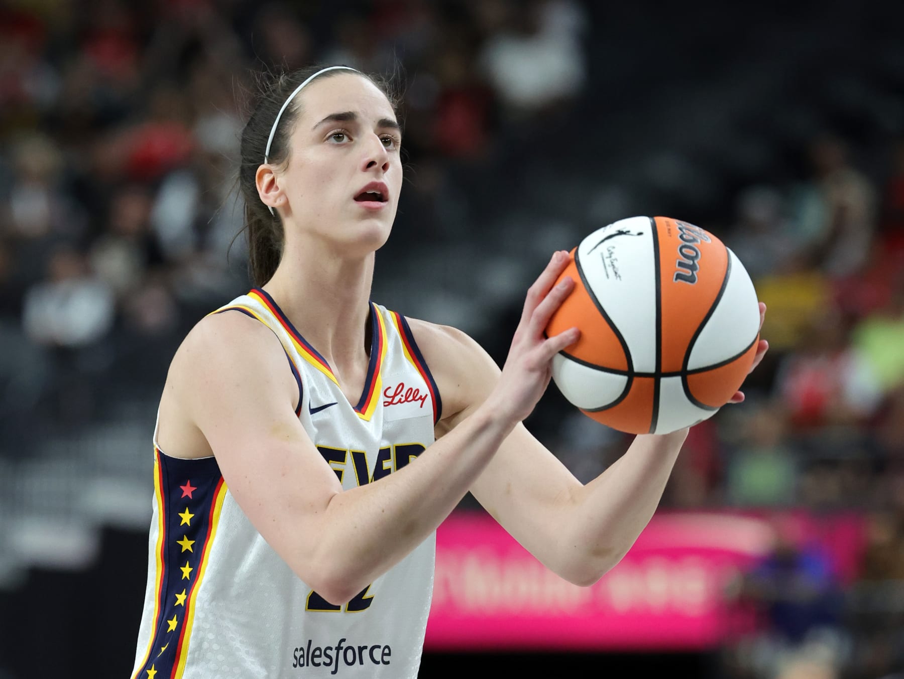 LAS VEGAS, NEVADA - JULY 02: Caitlin Clark #22 of the Indiana Fever shoots a free throw against the Las Vegas Aces in the first quarter of their game at T-Mobile Arena on July 02, 2024 in Las Vegas, Nevada. The Aces defeated the Fever 88-69. NOTE TO USER: User expressly acknowledges and agrees that, by downloading and or using this photograph, User is consenting to the terms and conditions of the Getty Images License Agreement. (Photo by Ethan Miller/Getty Images)