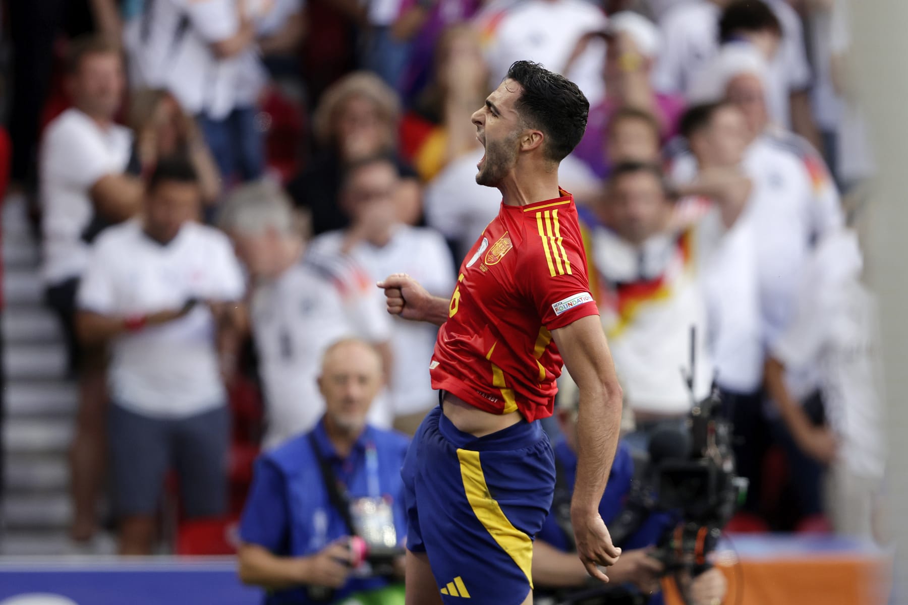 STUTTGART, GERMANY - JULY 5: Mikel Merino of Spain celebrates 2-1 during the  EURO match between Spain  v Germany  at the Mercedes Benz Arena on July 5, 2024 in Stuttgart Germany (Photo by Rico Brouwer/Soccrates/Getty Images)