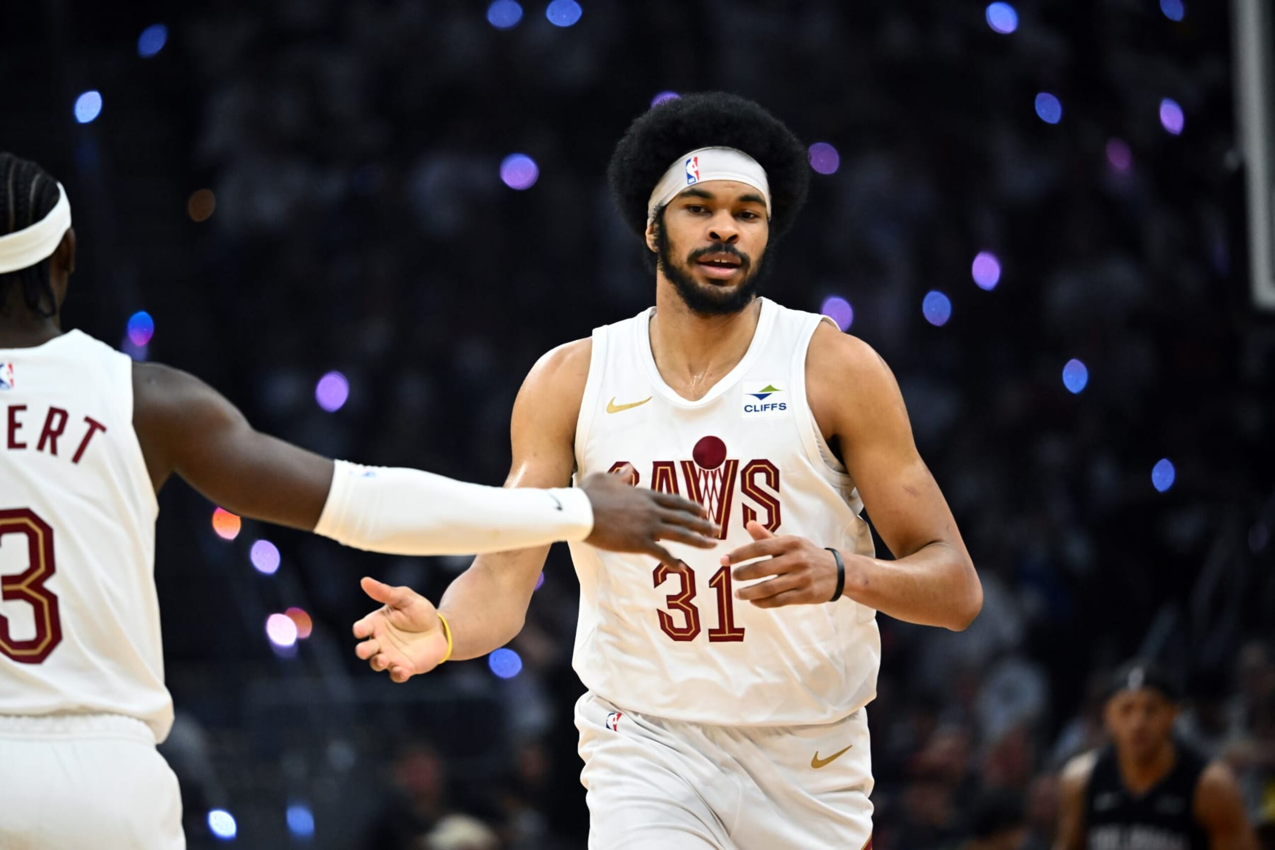 CLEVELAND, OHIO - APRIL 22: Caris LeVert #3 celebrates with Jarrett Allen #31 of the Cleveland Cavaliers during the first quarter of game two of the Eastern Conference First Round Playoffs against the Orlando Magic at Rocket Mortgage Fieldhouse on April 22, 2024 in Cleveland, Ohio. NOTE TO USER: User expressly acknowledges and agrees that, by downloading and or using this photograph, User is consenting to the terms and conditions of the Getty Images License Agreement. (Photo by Jason Miller/Getty Images) CLEVELAND, OHIO - APRIL 22: Caris LeVert #3 celebrates with Jarrett Allen #31 of the Cleveland Cavaliers during the first quarter of game two of the Eastern Conference First Round Playoffs against the Orlando Magic at Rocket Mortgage Fieldhouse on April 22, 2024 in Cleveland, Ohio. NOTE TO USER: User expressly acknowledges and agrees that, by downloading and or using this photograph, User is consenting to the terms and conditions of the Getty Images License Agreement. (Photo by Jason Miller/Getty Images)