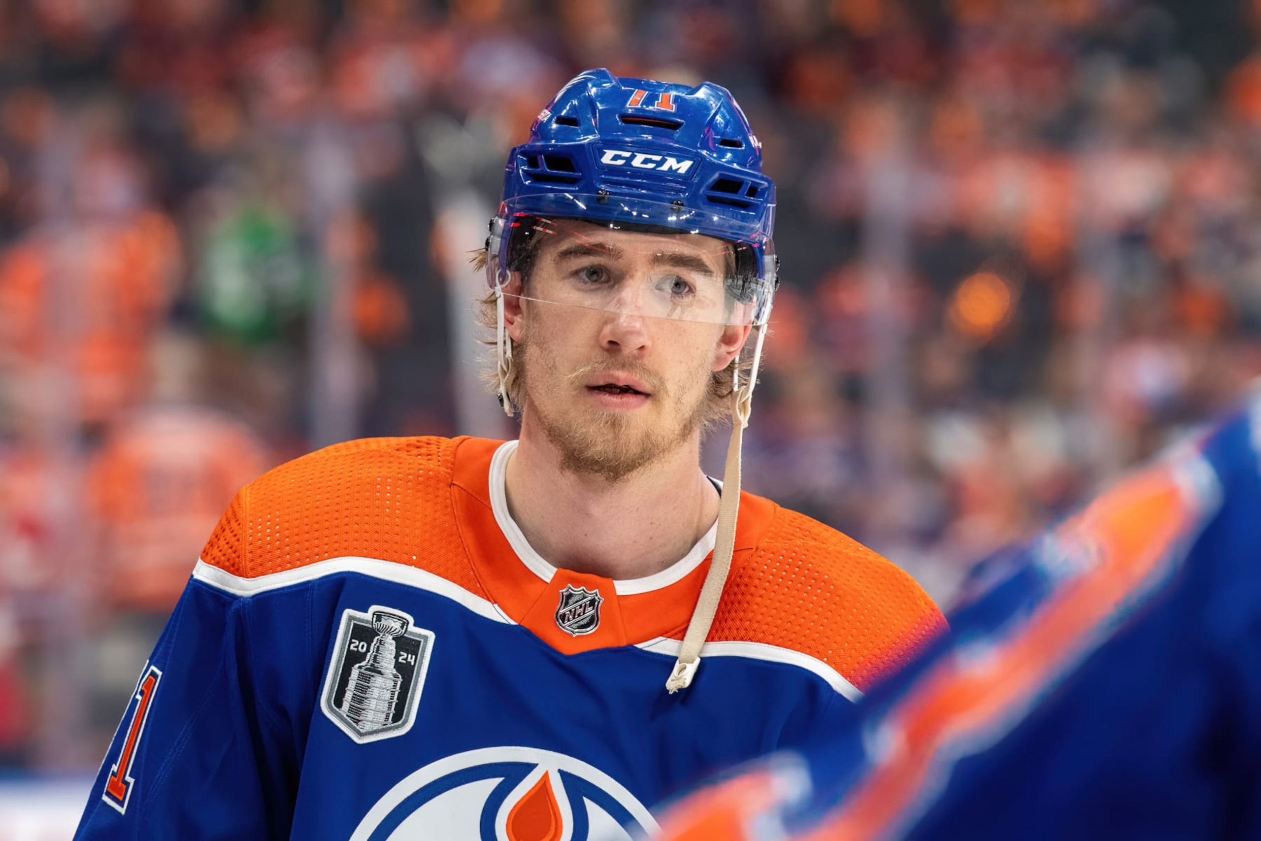 EDMONTON, CANADA - JUNE 21: Ryan McLeod #71 of the Edmonton Oilers participates in warm ups ahead of Game Six of the 2024 Stanley Cup Final against the Florida Panthers at Rogers Place on June 21, 2024, in Edmonton, Alberta, Canada. (Photo by Andy Devlin/NHLI via Getty Images)
