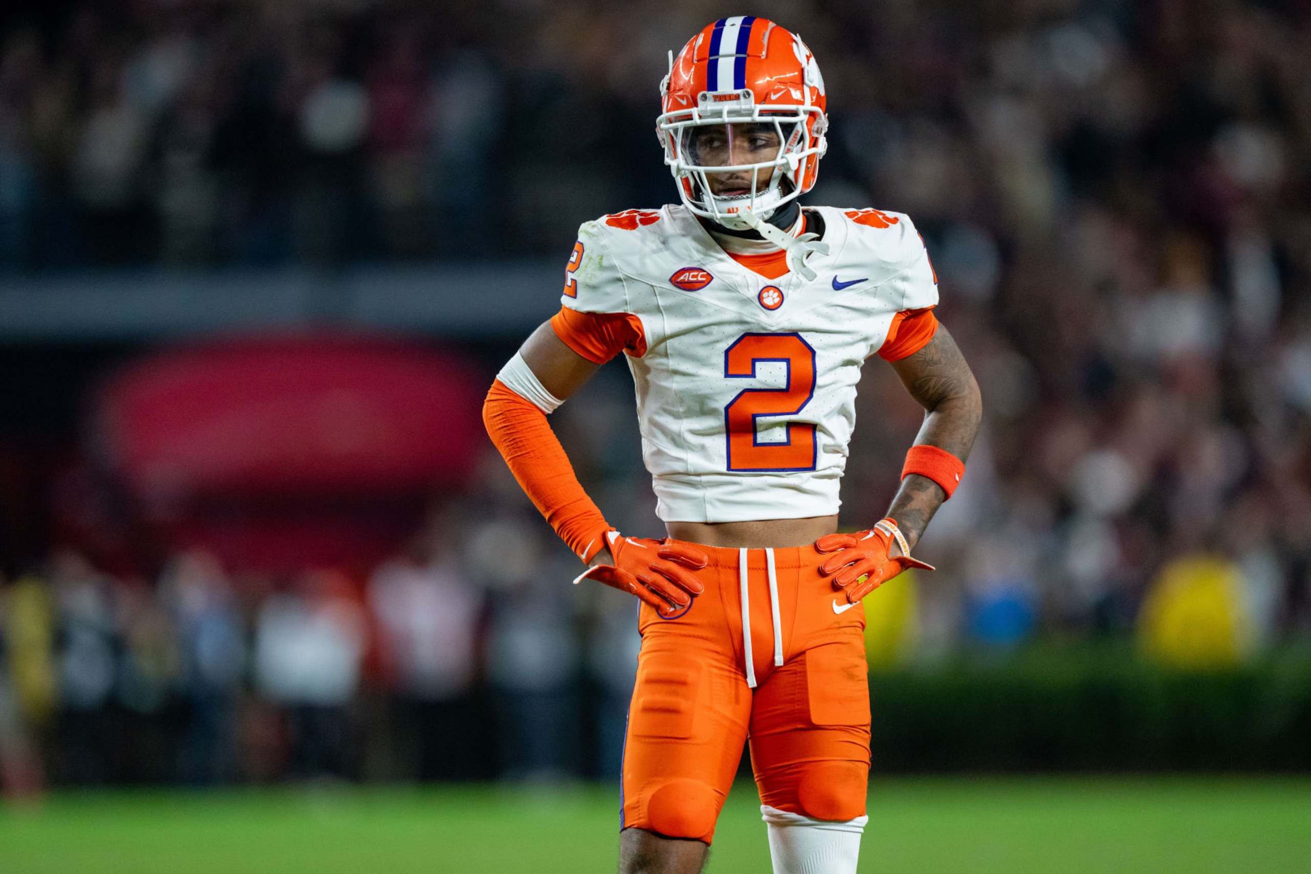 COLUMBIA, SOUTH CAROLINA - NOVEMBER 25: Nate Wiggins #2 of the Clemson Tigers plays against the South Carolina Gamecocks during their game at Williams-Brice Stadium on November 25, 2023 in Columbia, South Carolina. (Photo by Jacob Kupferman/Getty Images)