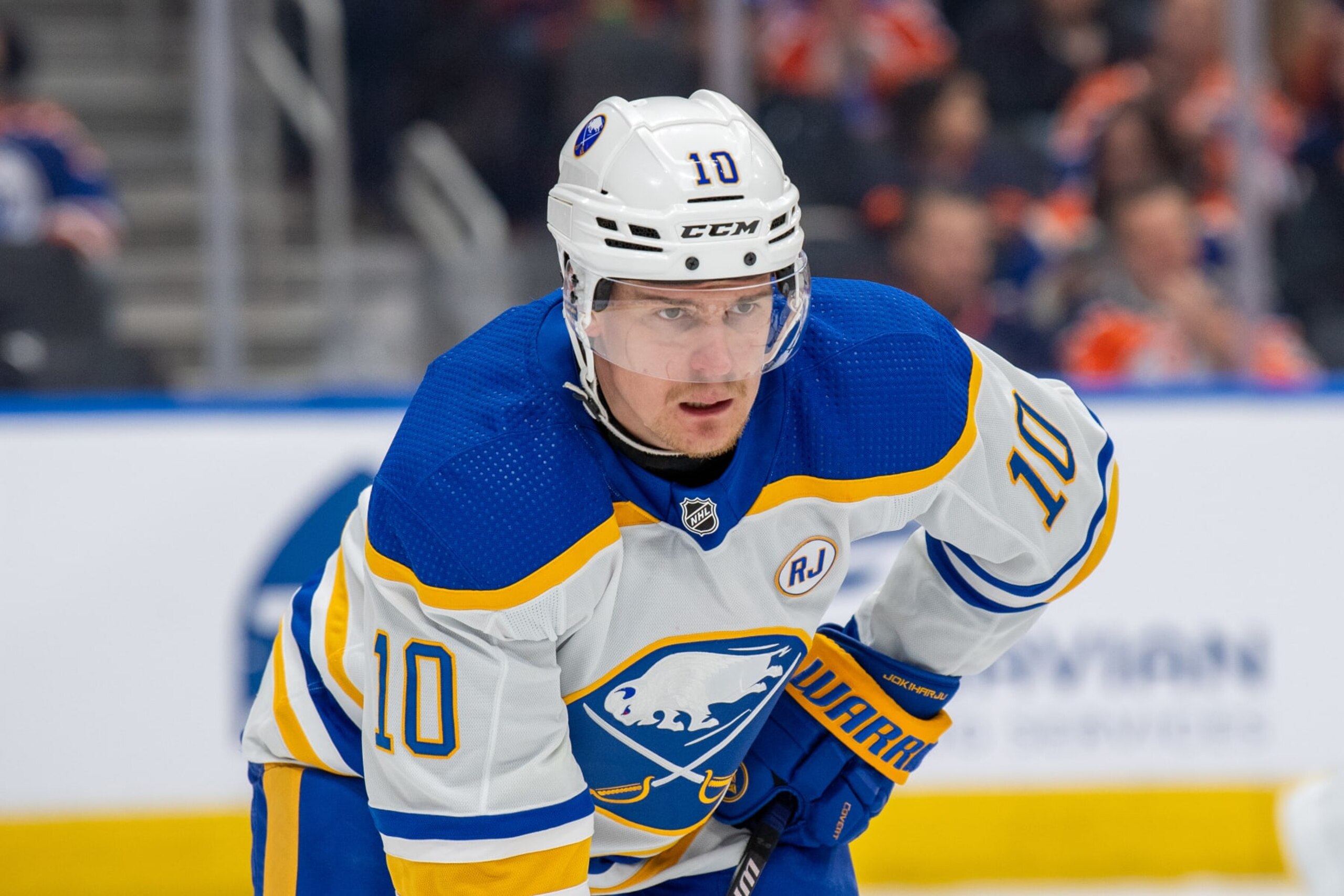 EDMONTON, CANADA - MARCH 21: Henri Jokiharju #10 of the Buffalo Sabres lines up for a face-off during the game against the Edmonton Oilers at Rogers Place on March 21, 2024, in Edmonton, Alberta, Canada. (Photo by Andy Devlin/NHLI via Getty Images)