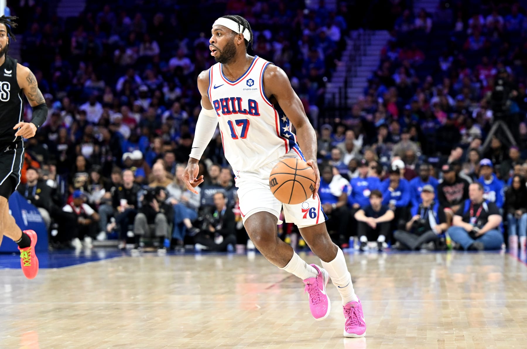 PHILADELPHIA, PENNSYLVANIA - APRIL 14: Buddy Hield #17 of the Philadelphia 76ers handles the ball against the Brooklyn Nets at the Wells Fargo Center on April 14, 2024 in Philadelphia, Pennsylvania.  NOTE TO USER: User expressly acknowledges and agrees that, by downloading and or using this photograph, User is consenting to the terms and conditions of the Getty Images License Agreement. (Photo by G Fiume/Getty Images)