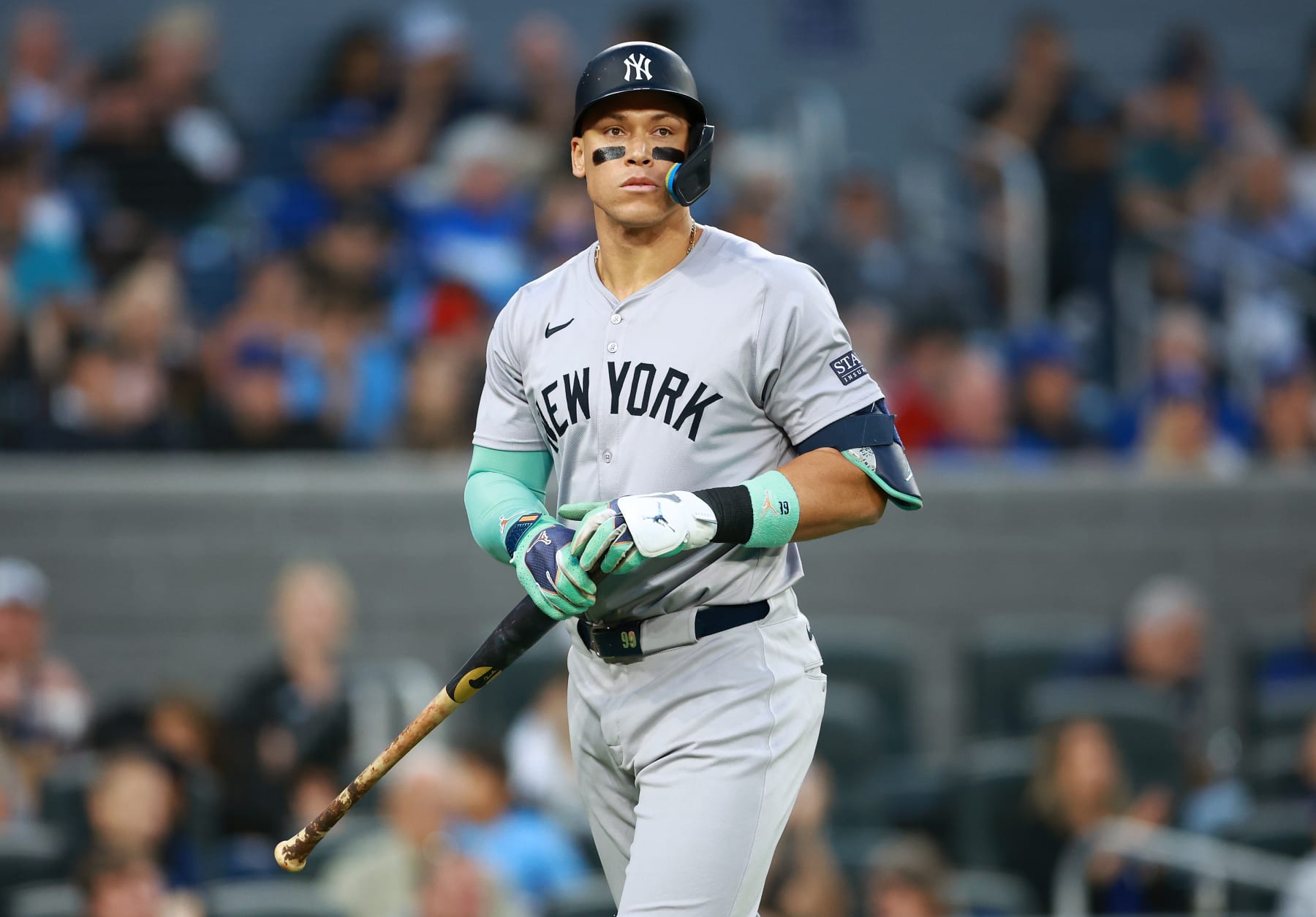 TORONTO, ON - JUNE 27:  Aaron Judge #99 of the New York Yankees bats during a game against the Toronto Blue Jays at Rogers Centre on June 27, 2024 in Toronto, Ontario, Canada.  (Photo by Vaughn Ridley/Getty Images)