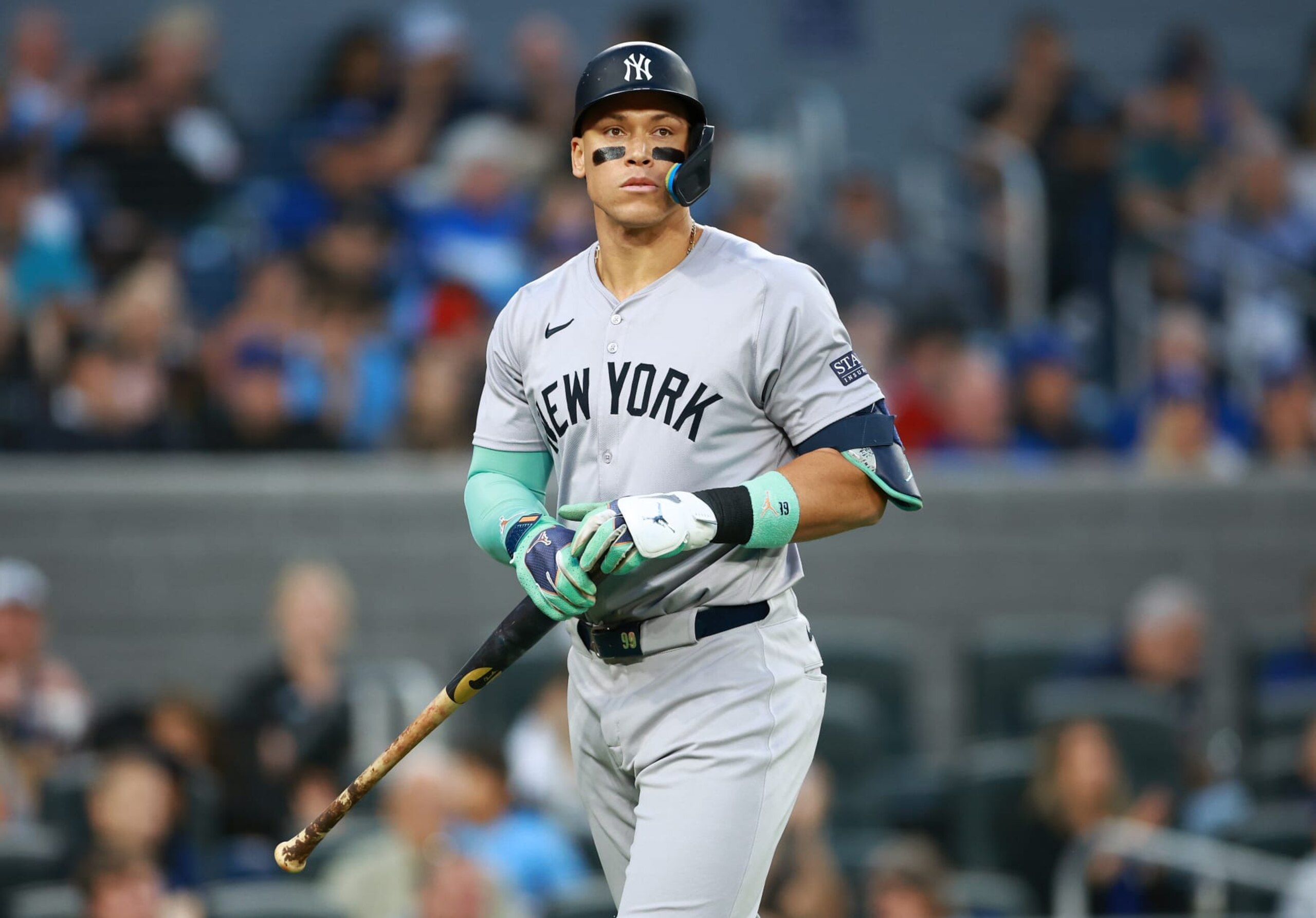 TORONTO, ON - JUNE 27:  Aaron Judge #99 of the New York Yankees bats during a game against the Toronto Blue Jays at Rogers Centre on June 27, 2024 in Toronto, Ontario, Canada.  (Photo by Vaughn Ridley/Getty Images)