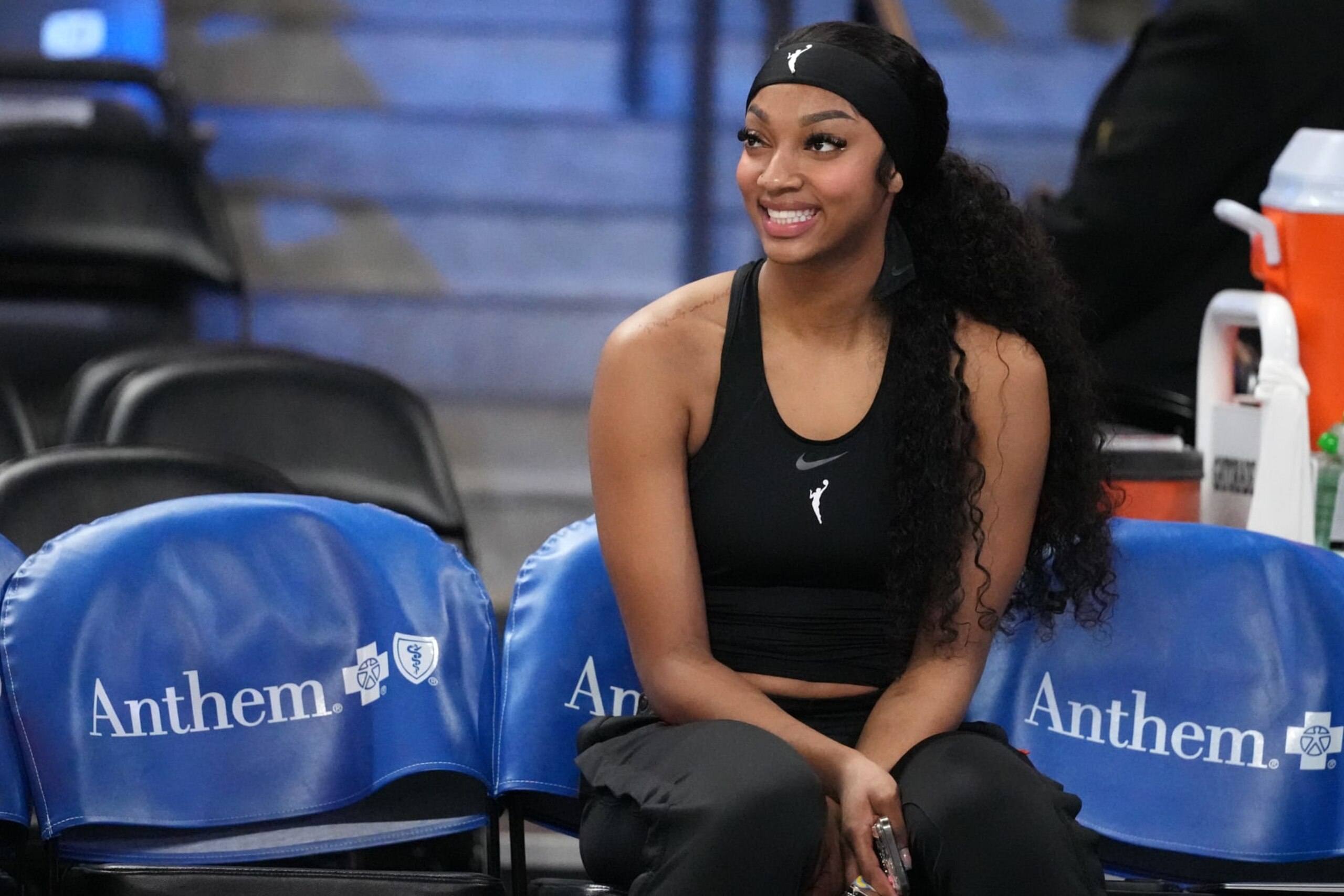 ATLANTA, GA - JULY 2: Angel Reese #5 of the Chicago Sky smiles before the game against the Atlanta Dream on July 2, 2024 at Gateway Center Arena at College Park in Atlanta, Georgia. NOTE TO USER: User expressly acknowledges and agrees that, by downloading and or using this photograph, User is consenting to the terms and conditions of the Getty Images License Agreement. Mandatory Copyright Notice: Copyright 2024 NBAE (Photo by Dale Zanine/NBAE via Getty Images)