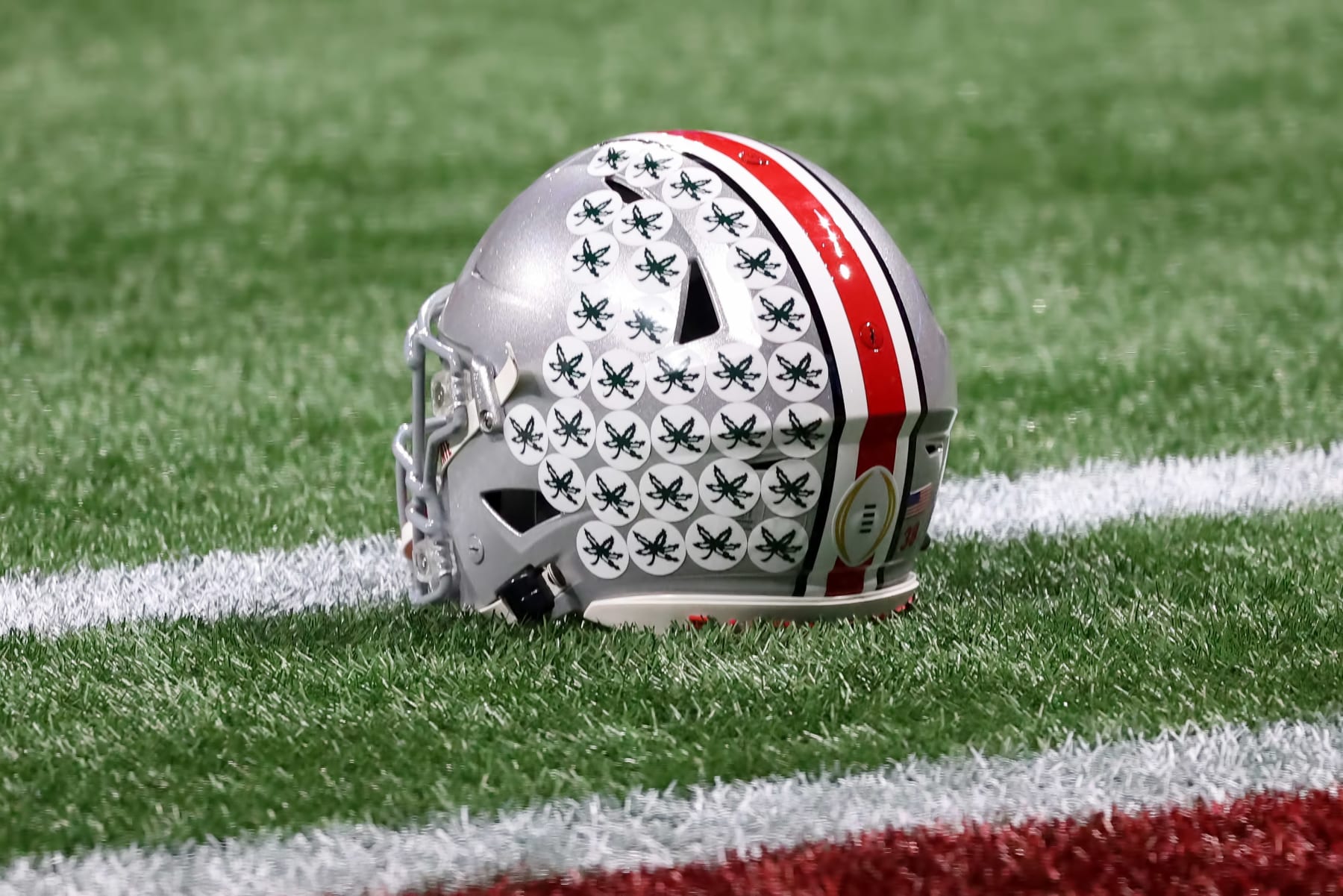 ATLANTA, GA - DECEMBER 31:  A general view of an Ohio State Buckeyes helmet during the college football Playoff Semifinal game at the Chick-fil-a Peach Bowl between the Georgia Bulldogs and the Ohio State Buckeyes on December 31, 2022 at Mercedes-Benz Stadium in Atlanta, Georgia.  (Photo by Michael Wade/Icon Sportswire via Getty Images)