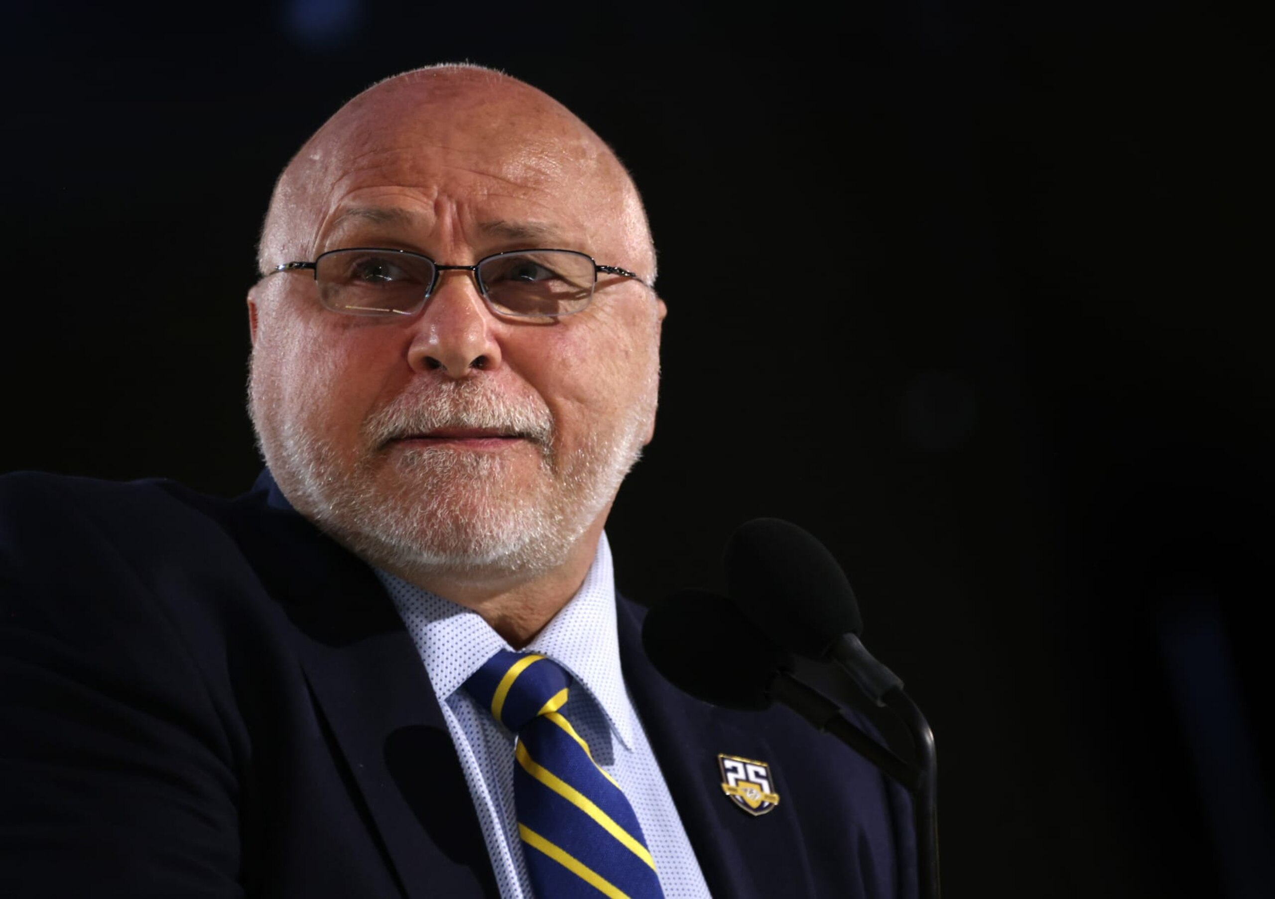 LAS VEGAS, NEVADA - JUNE 28: General manager Barry Trotz of the Nashville Predators looks on during the first round of the 2024 Upper Deck NHL Draft at Sphere on June 28, 2024 in Las Vegas, Nevada. (Photo by Dave Sandford/NHLI via Getty Images)