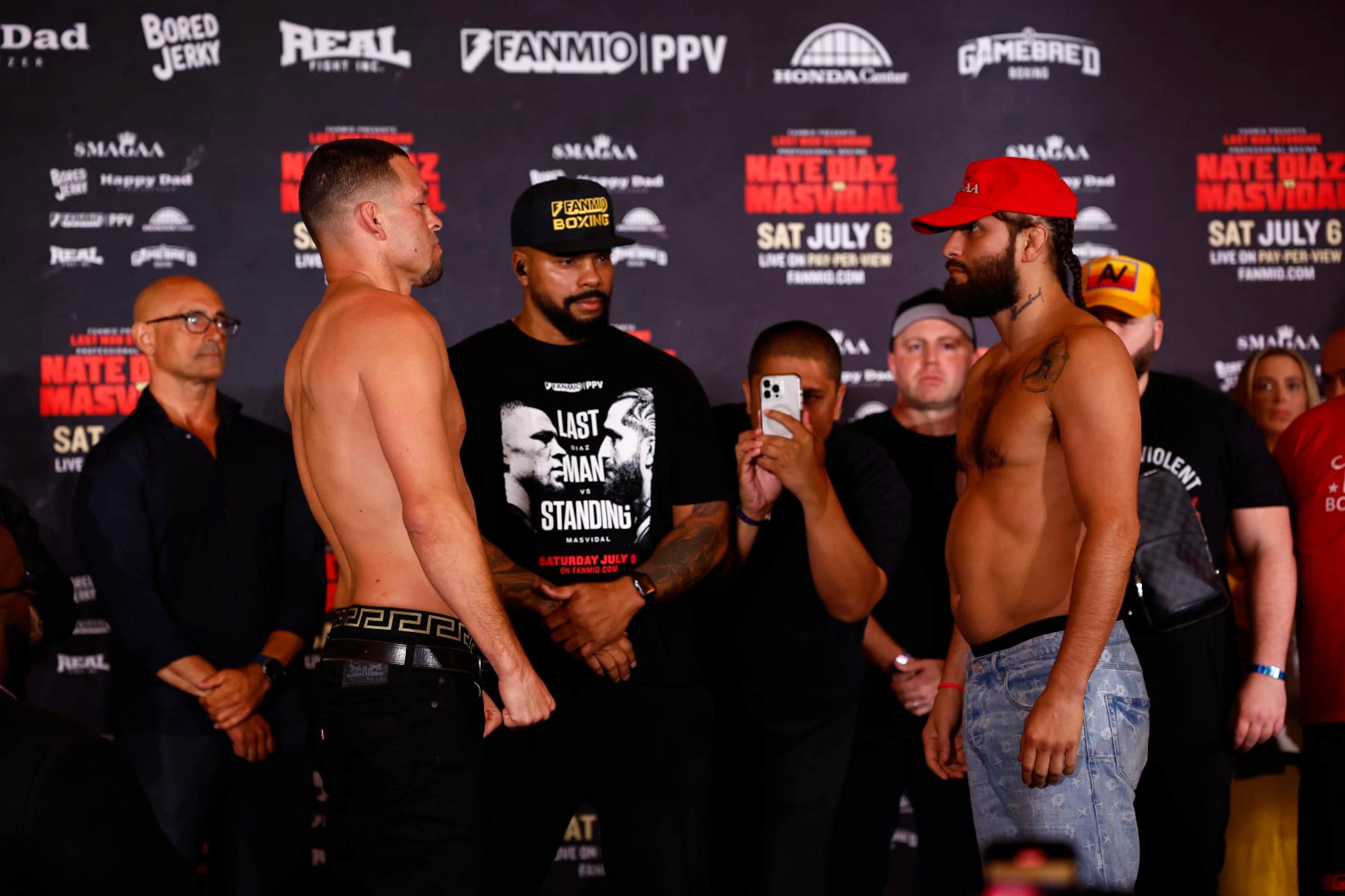 ANAHEIM, CALIFORNIA - JULY 05:  (L-R) Nate Diaz and Jorge Masvidal during weigh-in ahead of Last Man Standing Nate Diaz v Jorge Masvidal at the JW Marriott Anaheim on July 05, 2024 in Anaheim, California.  (Photo by Ronald Martinez/Getty Images)