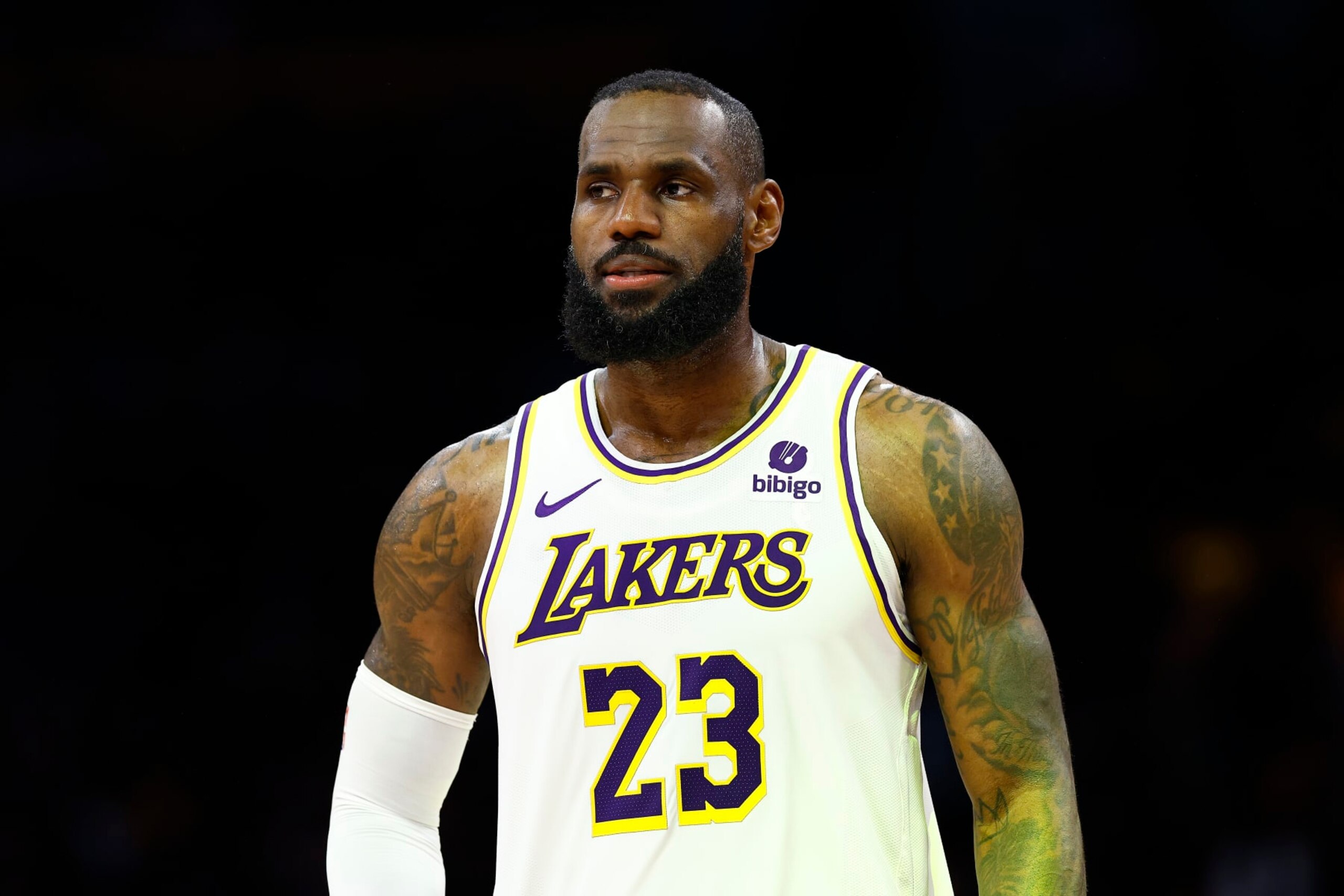 LOS ANGELES, CALIFORNIA - APRIL 27:  LeBron James #23 of the Los Angeles Lakers during game four of the Western Conference First Round Playoffs at Crypto.com Arena on April 27, 2024 in Los Angeles, California.  NOTE TO USER: User expressly acknowledges and agrees that, by downloading and/or using this photograph, user is consenting to the terms and conditions of the Getty Images License Agreement.  (Photo by Ronald Martinez/Getty Images)