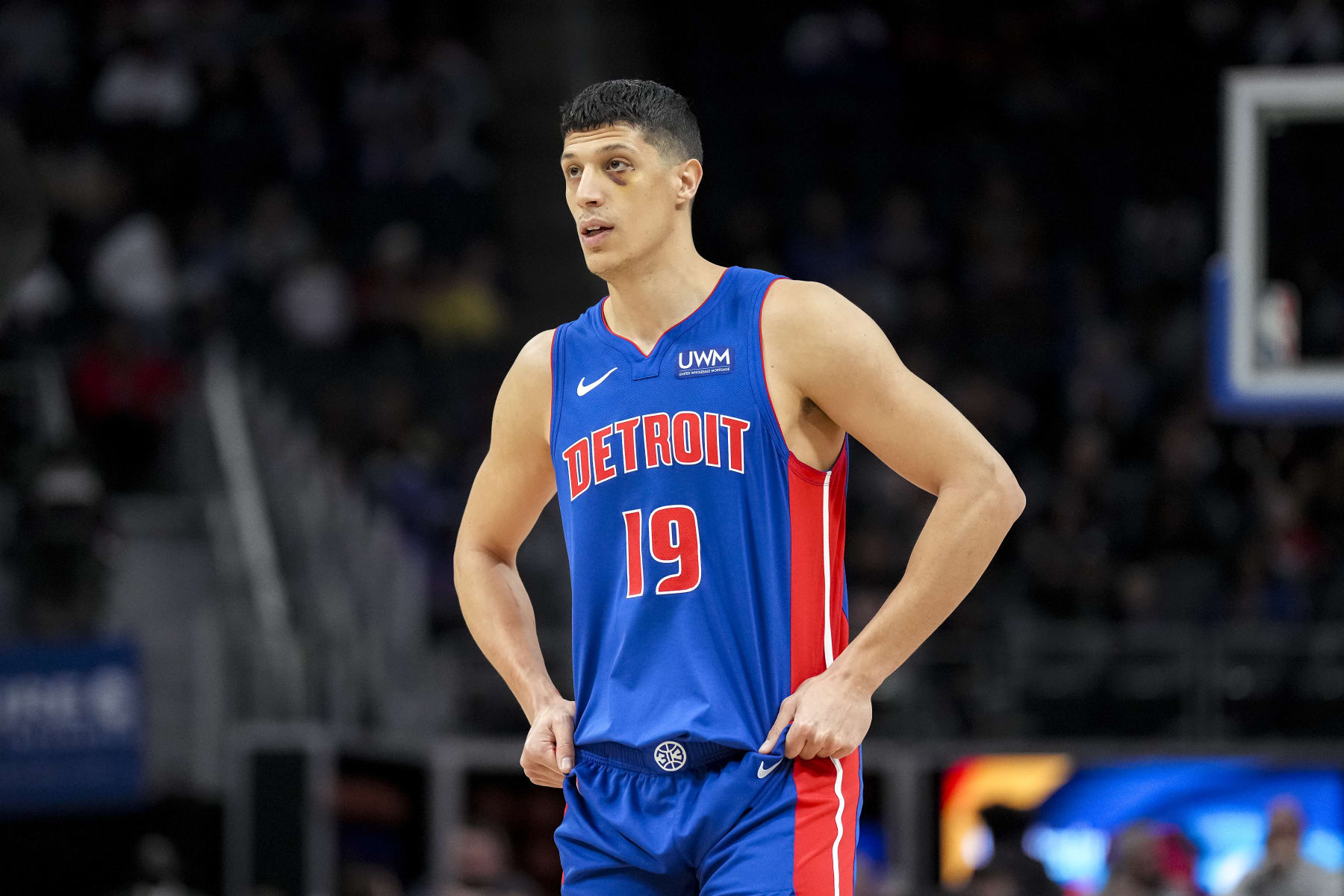 DETROIT, MICHIGAN - MARCH 11: Simone Fontecchio #19 of the Detroit Pistons looks on against the Charlotte Hornets at Little Caesars Arena on March 11, 2024 in Detroit, Michigan. NOTE TO USER: User expressly acknowledges and agrees that, by downloading and or using this photograph, User is consenting to the terms and conditions of the Getty Images License Agreement. (Photo by Nic Antaya/Getty Images)