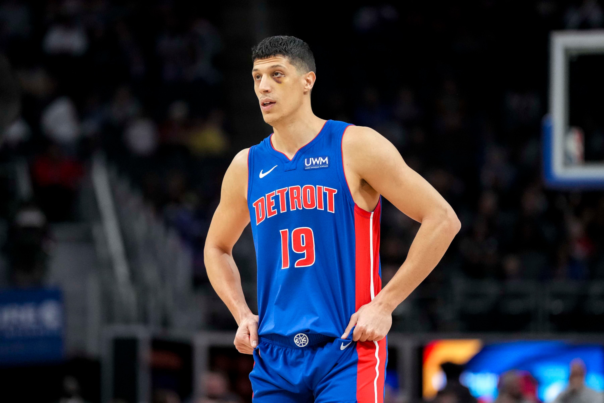 DETROIT, MICHIGAN - MARCH 11: Simone Fontecchio #19 of the Detroit Pistons looks on against the Charlotte Hornets at Little Caesars Arena on March 11, 2024 in Detroit, Michigan. NOTE TO USER: User expressly acknowledges and agrees that, by downloading and or using this photograph, User is consenting to the terms and conditions of the Getty Images License Agreement. (Photo by Nic Antaya/Getty Images) DETROIT, MICHIGAN - MARCH 11: Simone Fontecchio #19 of the Detroit Pistons looks on against the Charlotte Hornets at Little Caesars Arena on March 11, 2024 in Detroit, Michigan. NOTE TO USER: User expressly acknowledges and agrees that, by downloading and or using this photograph, User is consenting to the terms and conditions of the Getty Images License Agreement. (Photo by Nic Antaya/Getty Images)