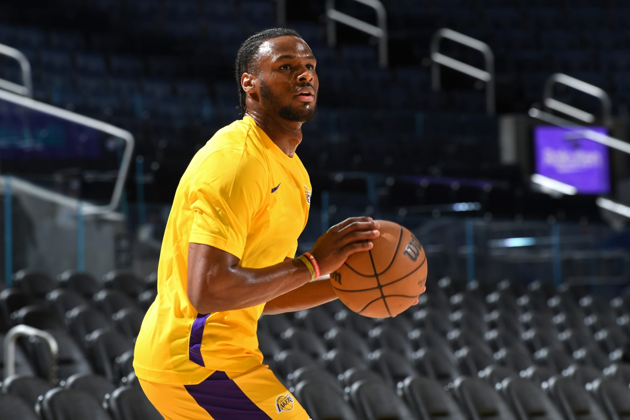 SAN FRANCISCO, CA - JULY 6: Bronny James Jr. #9 of the Los Angeles Lakers warms up before the game against the Sacramento Kings during the 2024 NBA California Classic Summer League game on July 6, 2024 at Chase Center in San Francisco, California. NOTE TO USER: User expressly acknowledges and agrees that, by downloading and or using this photograph, user is consenting to the terms and conditions of Getty Images License Agreement. Mandatory Copyright Notice: Copyright 2024 NBAE (Photo by Noah Graham/NBAE via Getty Images) SAN FRANCISCO, CA - JULY 6: Bronny James Jr. #9 of the Los Angeles Lakers warms up before the game against the Sacramento Kings during the 2024 NBA California Classic Summer League game on July 6, 2024 at Chase Center in San Francisco, California. NOTE TO USER: User expressly acknowledges and agrees that, by downloading and or using this photograph, user is consenting to the terms and conditions of Getty Images License Agreement. Mandatory Copyright Notice: Copyright 2024 NBAE (Photo by Noah Graham/NBAE via Getty Images)
