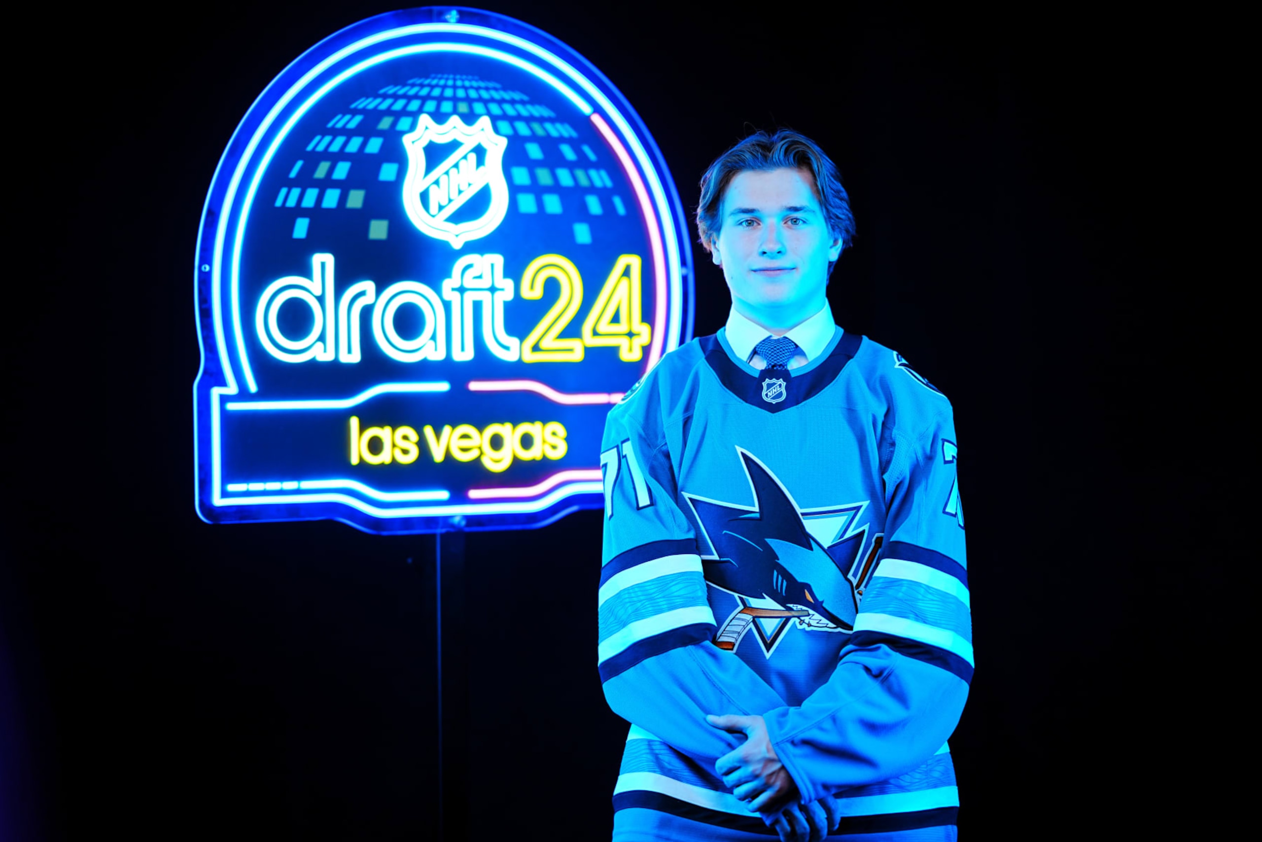LAS VEGAS, NEVADA - JUNE 28: Macklin Celebrini poses for a portrait after being selected first overall by the San Jose Sharks during the 2024 Upper Deck NHL Draft at Sphere on June 28, 2024 in Las Vegas, Nevada. (Photo by Mark Blinch/NHLI via Getty Images) LAS VEGAS, NEVADA - JUNE 28: Macklin Celebrini poses for a portrait after being selected first overall by the San Jose Sharks during the 2024 Upper Deck NHL Draft at Sphere on June 28, 2024 in Las Vegas, Nevada. (Photo by Mark Blinch/NHLI via Getty Images)
