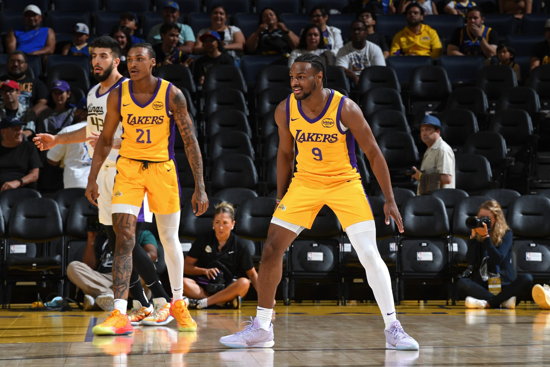 SAN FRANCISCO, CA - JULY 6: Bronny James Jr. #9 of the Los Angeles Lakers smiles during the game against the Sacramento Kings during the 2024 NBA California Classic Summer League game on July 6, 2024 at Chase Center in San Francisco, California. NOTE TO USER: User expressly acknowledges and agrees that, by downloading and or using this photograph, user is consenting to the terms and conditions of Getty Images License Agreement. Mandatory Copyright Notice: Copyright 2024 NBAE (Photo by Noah Graham/NBAE via Getty Images)