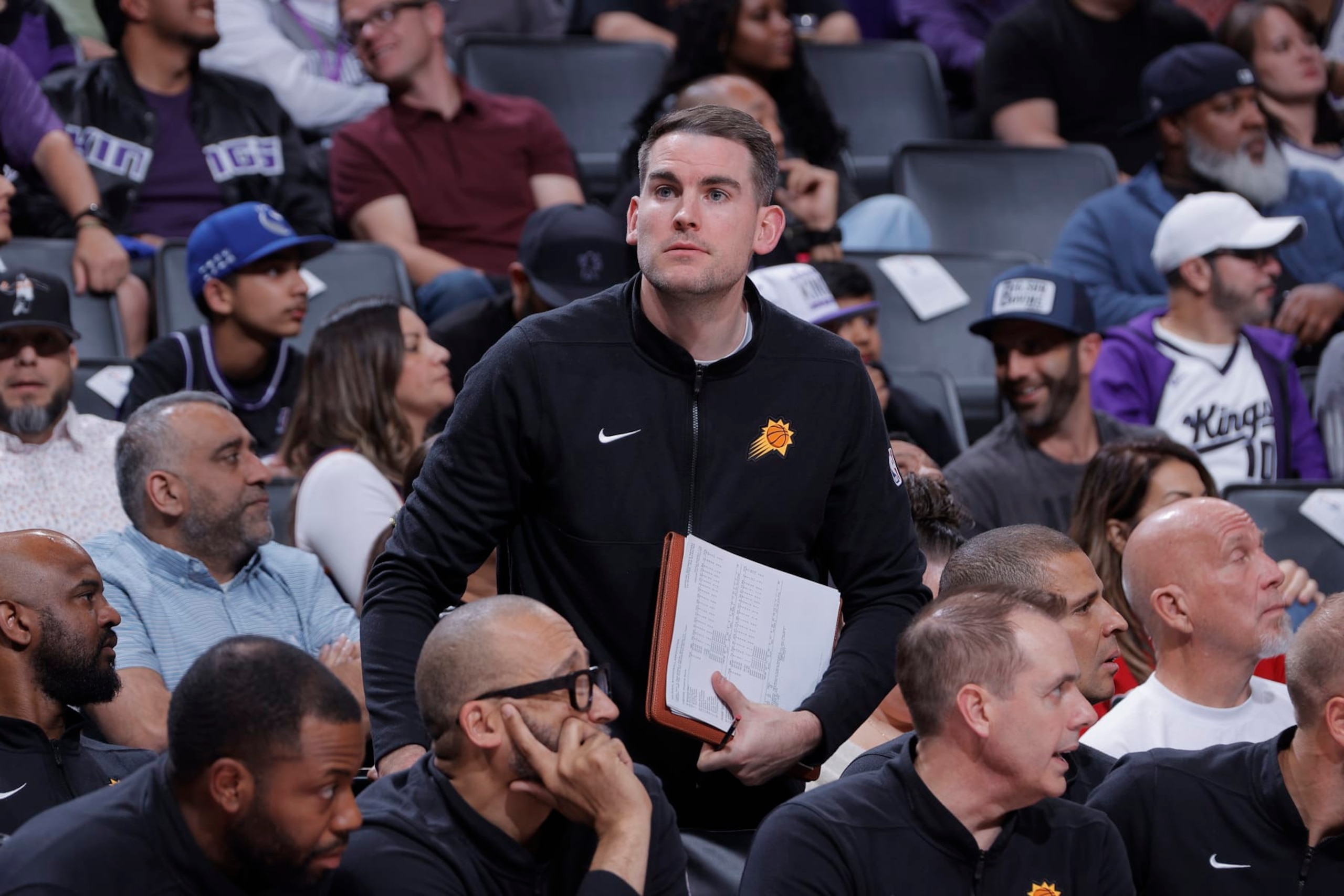 SACRAMENTO, CA - APRIL 12: Assistant Coach Greg St. Jean of the Phoenix Suns looks on during the game against the Sacramento Kings on April 12, 2024 at Golden 1 Center in Sacramento, California. NOTE TO USER: User expressly acknowledges and agrees that, by downloading and or using this photograph, User is consenting to the terms and conditions of the Getty Images Agreement. Mandatory Copyright Notice: Copyright 2024 NBAE (Photo by Rocky Widner/NBAE via Getty Images)