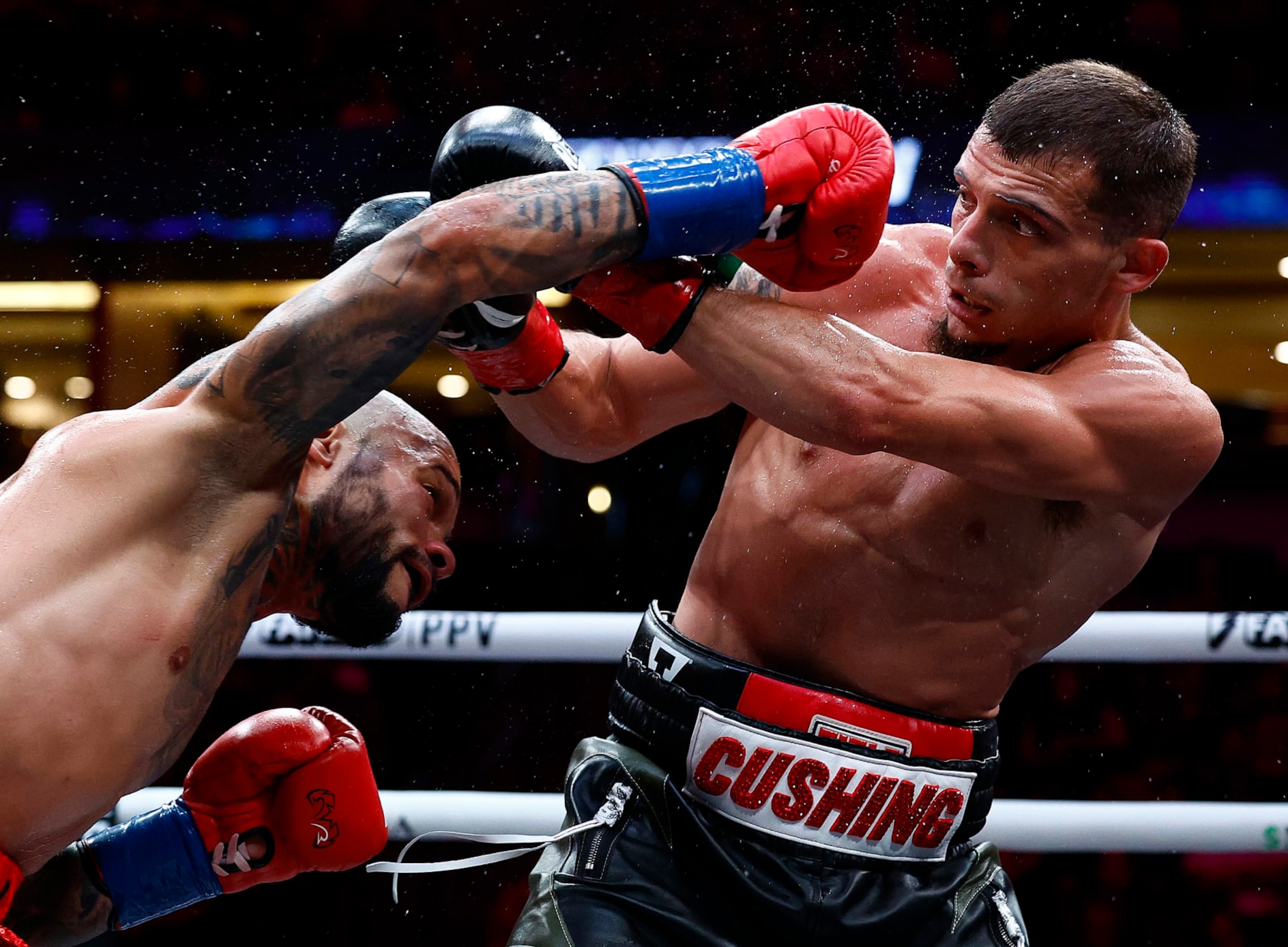 ANAHEIM, CALIFORNIA - JULY 06: (L-R) Manuel Correa and Devin Cushing during round of their lightweights fight at Honda Center on July 06, 2024 in Anaheim, California. (Photo by Ronald Martinez/Getty Images)