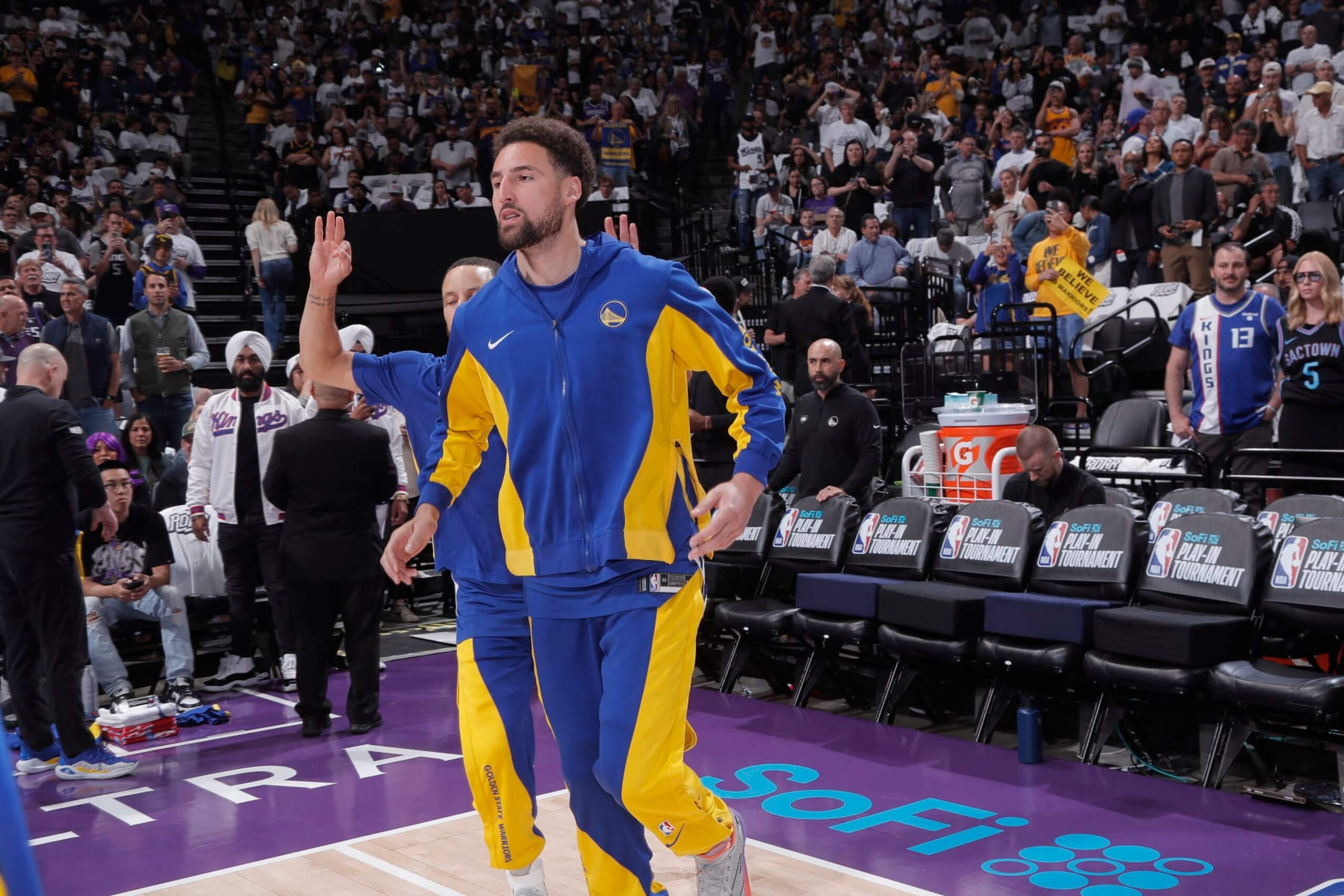 SACRAMENTO, CA - APRIL 16: Klay Thompson #11 of the Golden State Warriors looks on prior to the game against the Sacramento Kings during the 2024 Play-In Tournament on April 16, 2024 at Golden 1 Center in Sacramento, California. NOTE TO USER: User expressly acknowledges and agrees that, by downloading and or using this photograph, User is consenting to the terms and conditions of the Getty Images Agreement. Mandatory Copyright Notice: Copyright 2024 NBAE (Photo by Rocky Widner/NBAE via Getty Images)