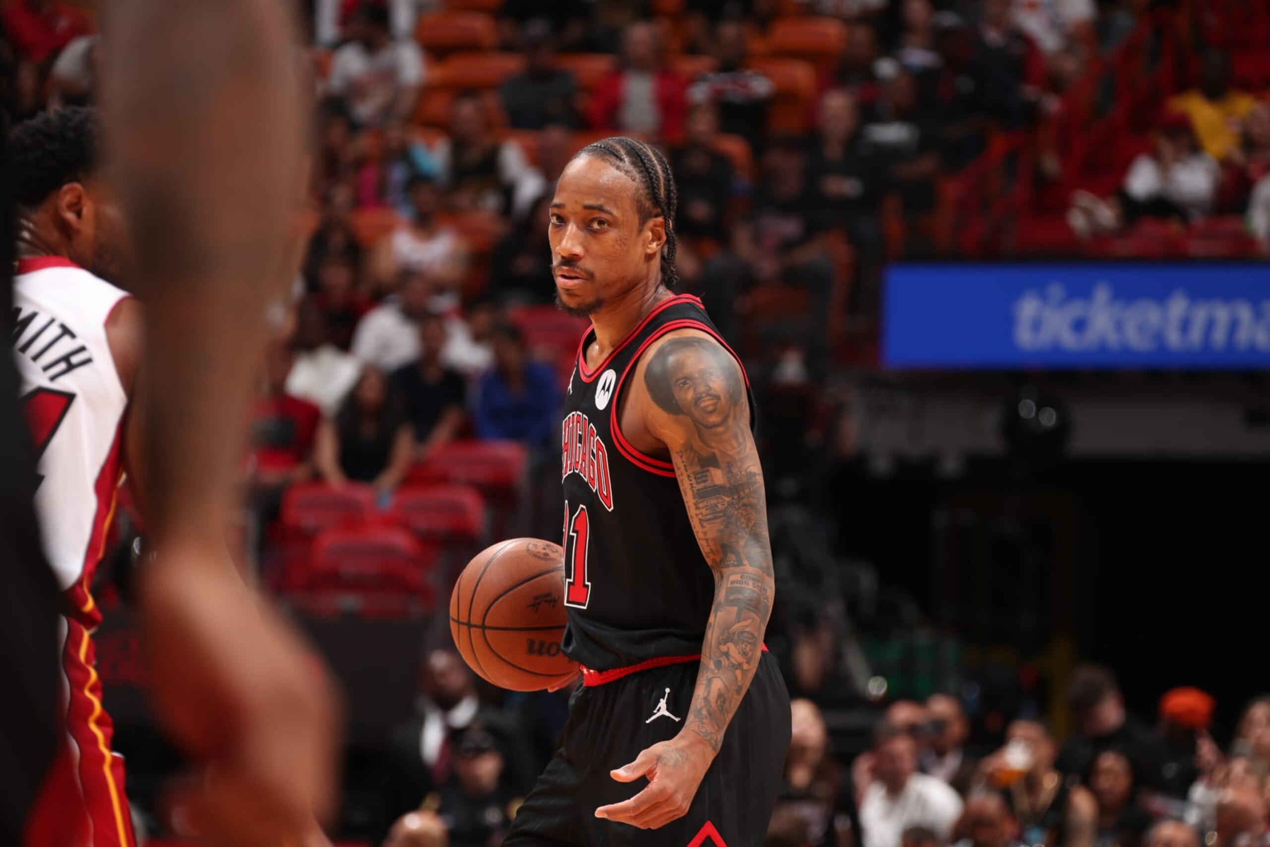 MIAMI, FL - APRIL 19: DeMar DeRozan #11 of the Chicago Bulls handles the ball during the game against the Miami Heat during the 2024 Play-In Tournament on April 19, 2024 at Kaseya Center in Miami, Florida. NOTE TO USER: User expressly acknowledges and agrees that, by downloading and or using this Photograph, user is consenting to the terms and conditions of the Getty Images License Agreement. Mandatory Copyright Notice: Copyright 2024 NBAE (Photo by Issac Baldizon/NBAE via Getty Images) MIAMI, FL - APRIL 19: DeMar DeRozan #11 of the Chicago Bulls handles the ball during the game against the Miami Heat during the 2024 Play-In Tournament on April 19, 2024 at Kaseya Center in Miami, Florida. NOTE TO USER: User expressly acknowledges and agrees that, by downloading and or using this Photograph, user is consenting to the terms and conditions of the Getty Images License Agreement. Mandatory Copyright Notice: Copyright 2024 NBAE (Photo by Issac Baldizon/NBAE via Getty Images)