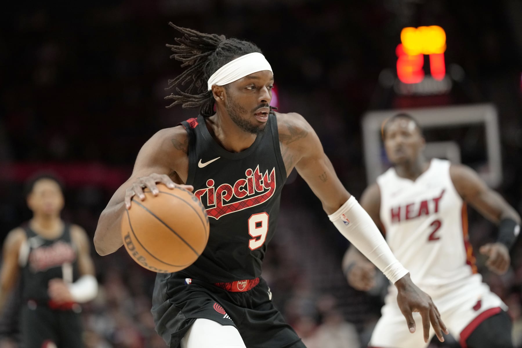 PORTLAND, OREGON - FEBRUARY 27: Jerami Grant #9 of the Portland Trail Blazers controls the ball during the first half against the Miami Heat at Moda Center on February 27, 2024 in Portland, Oregon. NOTE TO USER: User expressly acknowledges and agrees that, by downloading and or using this photograph, User is consenting to the terms and conditions of the Getty Images License Agreement. (Photo by Soobum Im/Getty Images)
