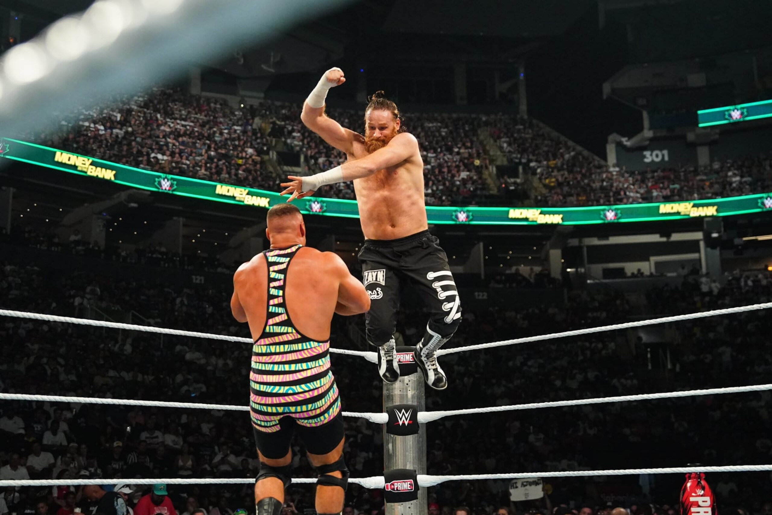 TORONTO, CANADA - JULY 6: Sami Zayn hits an elbow on Bron Breakker during Money in the Bank at Scotiabank Arena on July 6, 2024 in Toronto, Ontario. (Photo by WWE/Getty Images) TORONTO, CANADA - JULY 6: Sami Zayn hits an elbow on Bron Breakker during Money in the Bank at Scotiabank Arena on July 6, 2024 in Toronto, Ontario. (Photo by WWE/Getty Images)