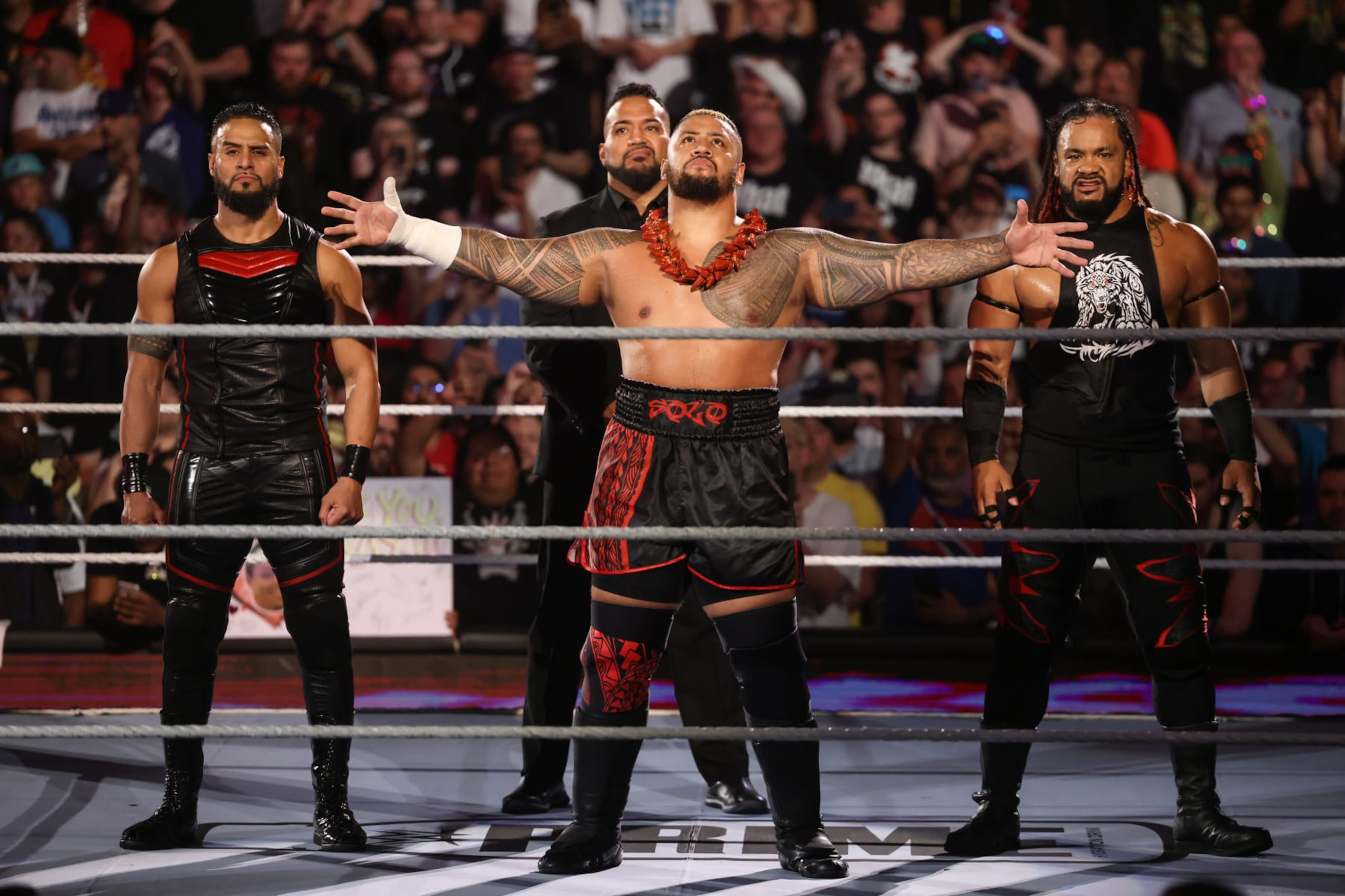 TORONTO, CANADA - JULY 6: The Bloodline enter the ring during Money in the Bank at Scotiabank Arena on July 6, 2024 in Toronto, Ontario. (Photo by WWE/Getty Images) TORONTO, CANADA - JULY 6: The Bloodline enter the ring during Money in the Bank at Scotiabank Arena on July 6, 2024 in Toronto, Ontario. (Photo by WWE/Getty Images)