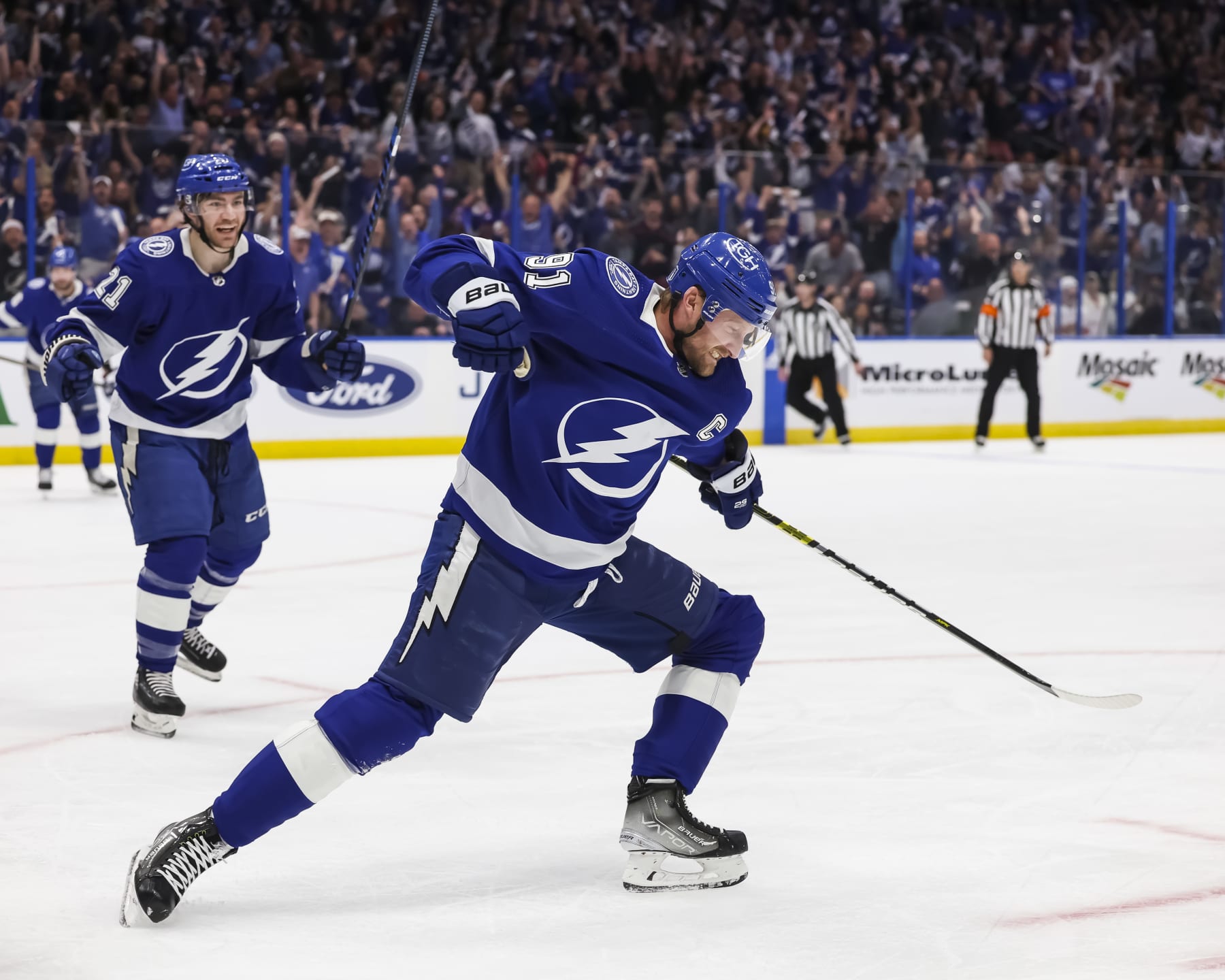 TAMPA, FL - APRIL 27: Steven Stamkos #91 of the Tampa Bay Lightning celebrates a goal against the Florida Panthers in Game Four of the First Round of the 2024 Stanley Cup Playoffs at Amalie Arena on April 27, 2024 in Tampa, Florida. (Photo by Mark LoMoglio/NHLI via Getty Images)