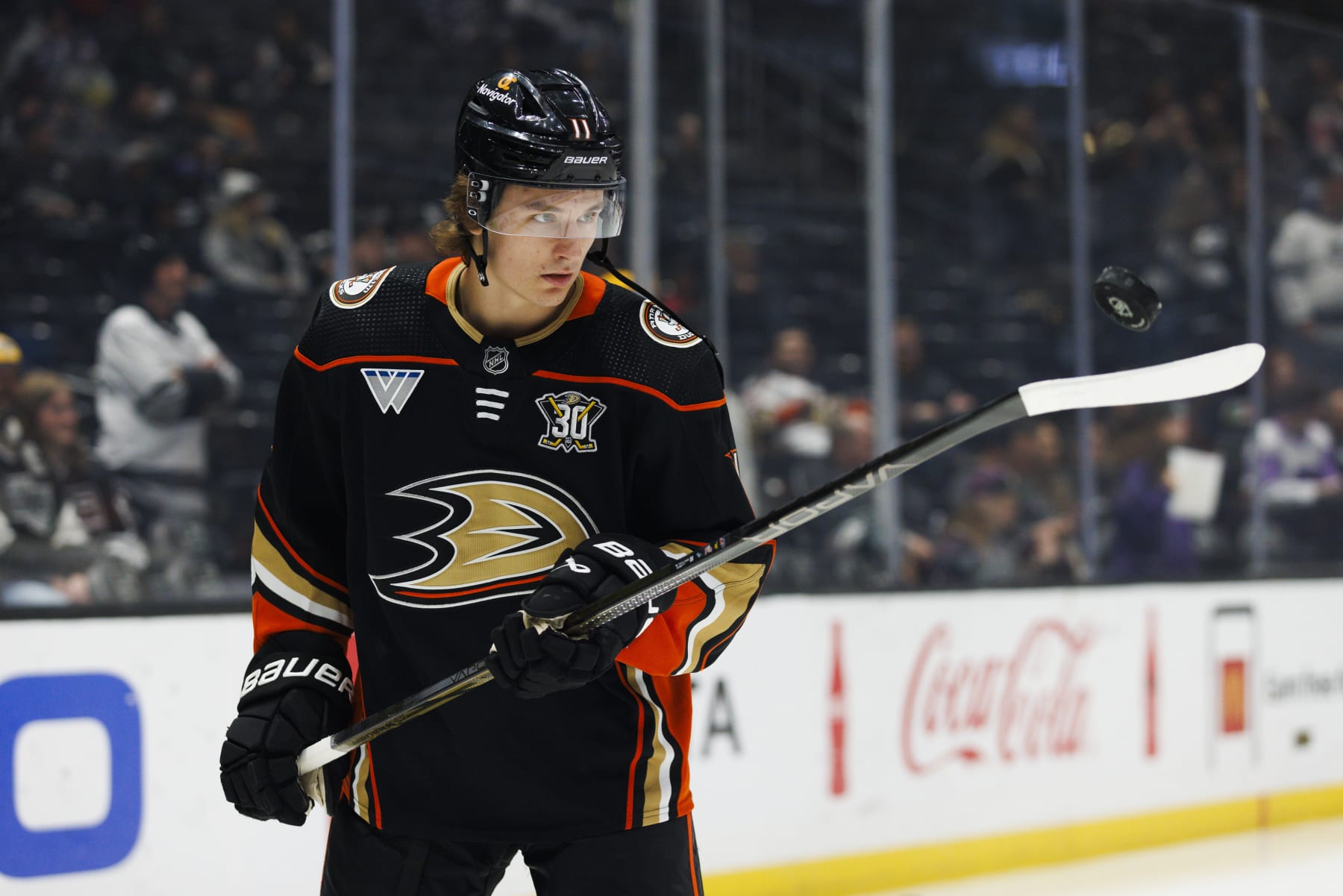 LOS ANGELES, CA - APRIL 13: Anaheim Ducks center Trevor Zegras (11) during an NHL game against the Los Angeles Kings on April 13, 2024 at Crypto.com Arena in Los Angeles, CA. (Photo by Ric Tapia/Icon Sportswire via Getty Images)