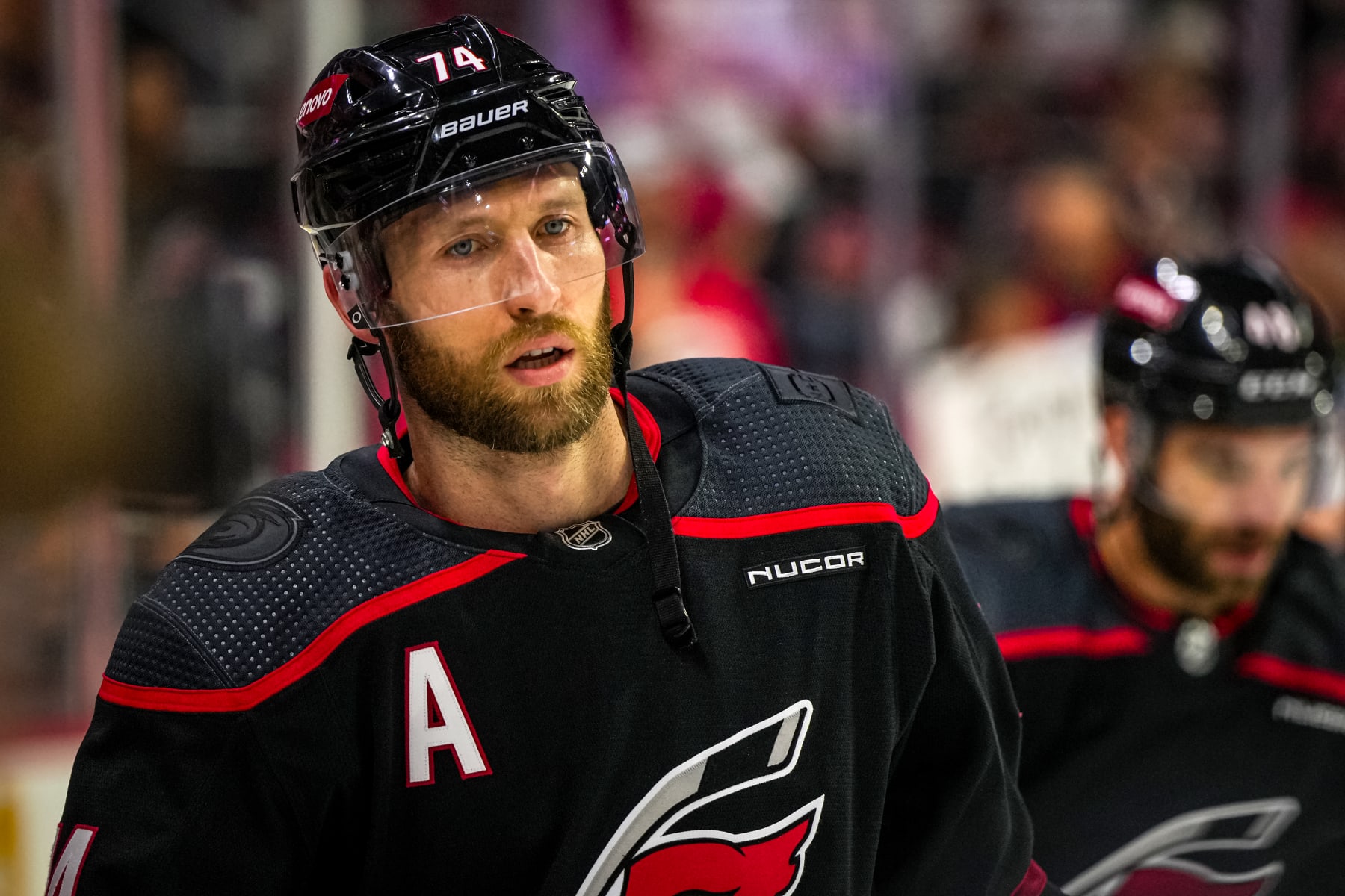 RALEIGH, NORTH CAROLINA - MAY 16: Jaccob Slavin #74 of the Carolina Hurricanes warms up prior to Game Six of the Second Round of the 2024 Stanley Cup Playoffs against the New York Rangers at PNC Arena on May 16, 2024 in Raleigh, North Carolina.  (Photo by Josh Lavallee/NHLI via Getty Images)