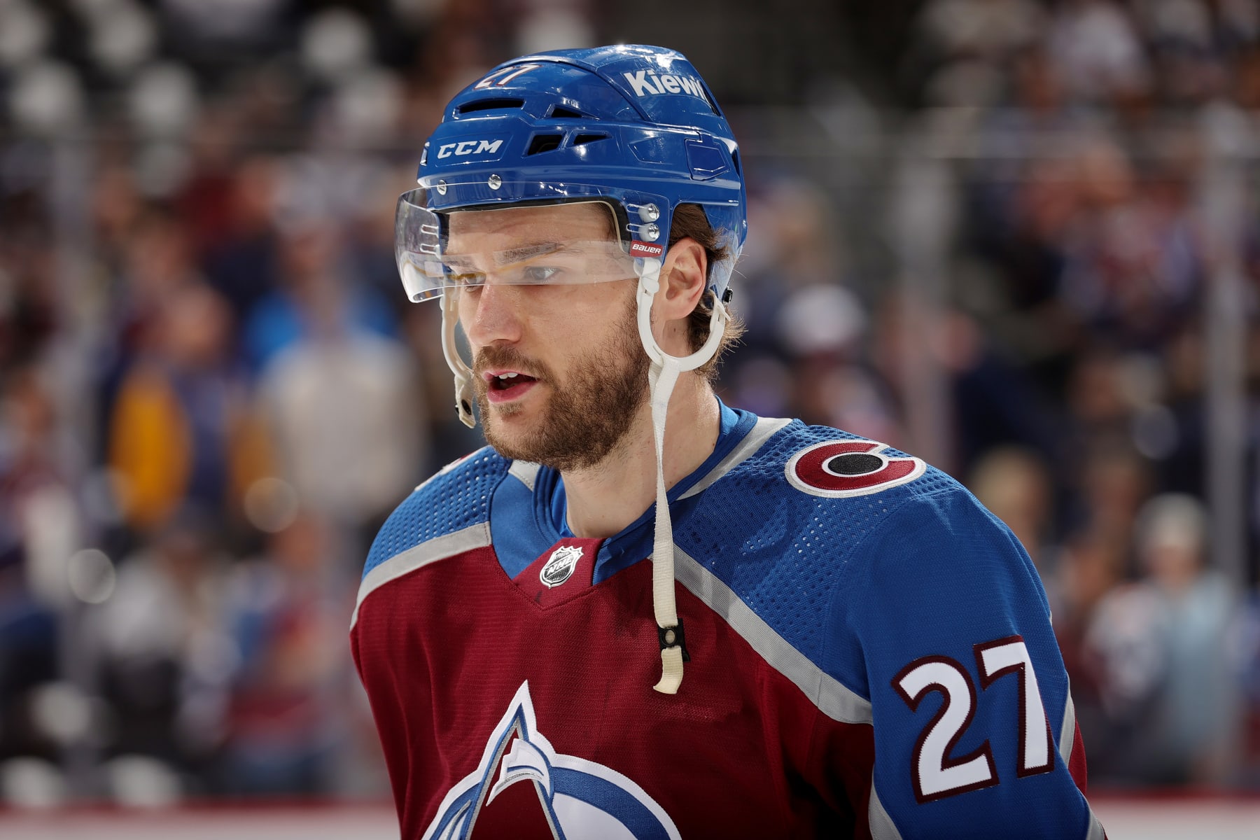 DENVER, COLORADO - MAY 13: Jonathan Drouin #27 of the Colorado Avalanche skates prior to Game Four of the Second Round of the 2024 Stanley Cup Playoffs against the Dallas Stars at Ball Arena on May 13, 2024 in Denver, Colorado. (Photo by Michael Martin/NHLI via Getty Images)