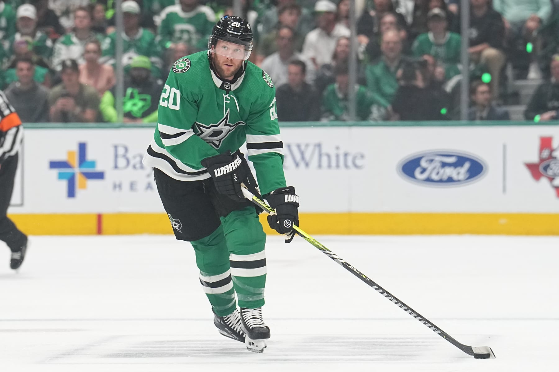 DALLAS, TX - MAY 23: Ryan Suter #20 of the Dallas Stars handles the puck against the Edmonton Oilers at the American Airlines Center on May 23, 2024 in Dallas, Texas. (Photo by Glenn James/NHLI via Getty Images)