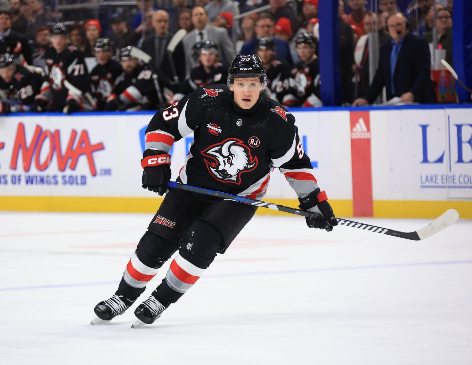 BUFFALO, NEW YORK - APRIL 2: Jeff Skinner #53 of the Buffalo Sabres skates against the Washington Capitals during an NHL game on April 2, 2024 at KeyBank Center in Buffalo, New York. (Photo by Bill Wippert/NHLI via Getty Images)