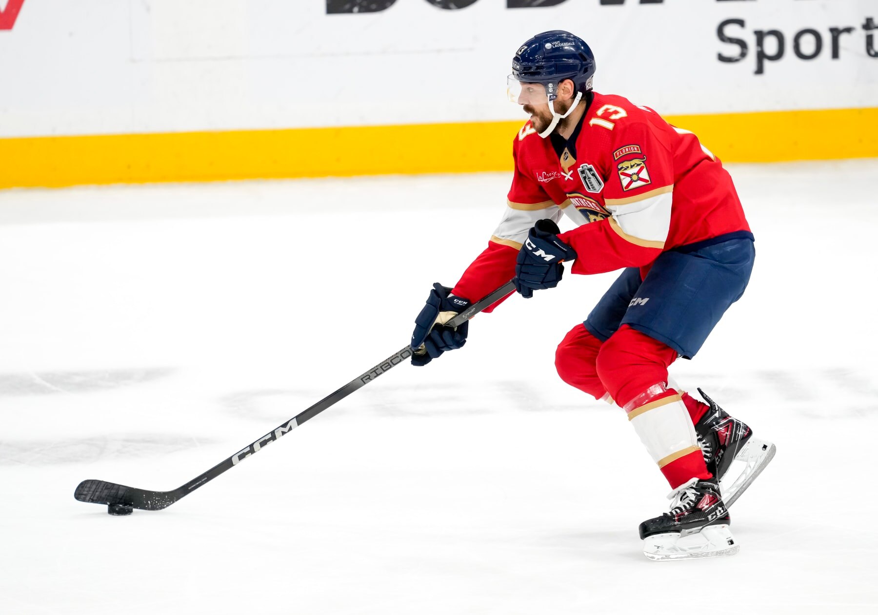 SUNRISE, FL - JUNE 24:  Florida Panthers center Sam Reinhart (13) skates with the puck during the NHL Stanley Cup Finals, Game 7 between the Florida Panthers and Edmonton Oilers on June 24th, 2024 at Amerant Bank Arena in Sunrise, FL. (Photo by Andrew Bershaw/Icon Sportswire via Getty Images)