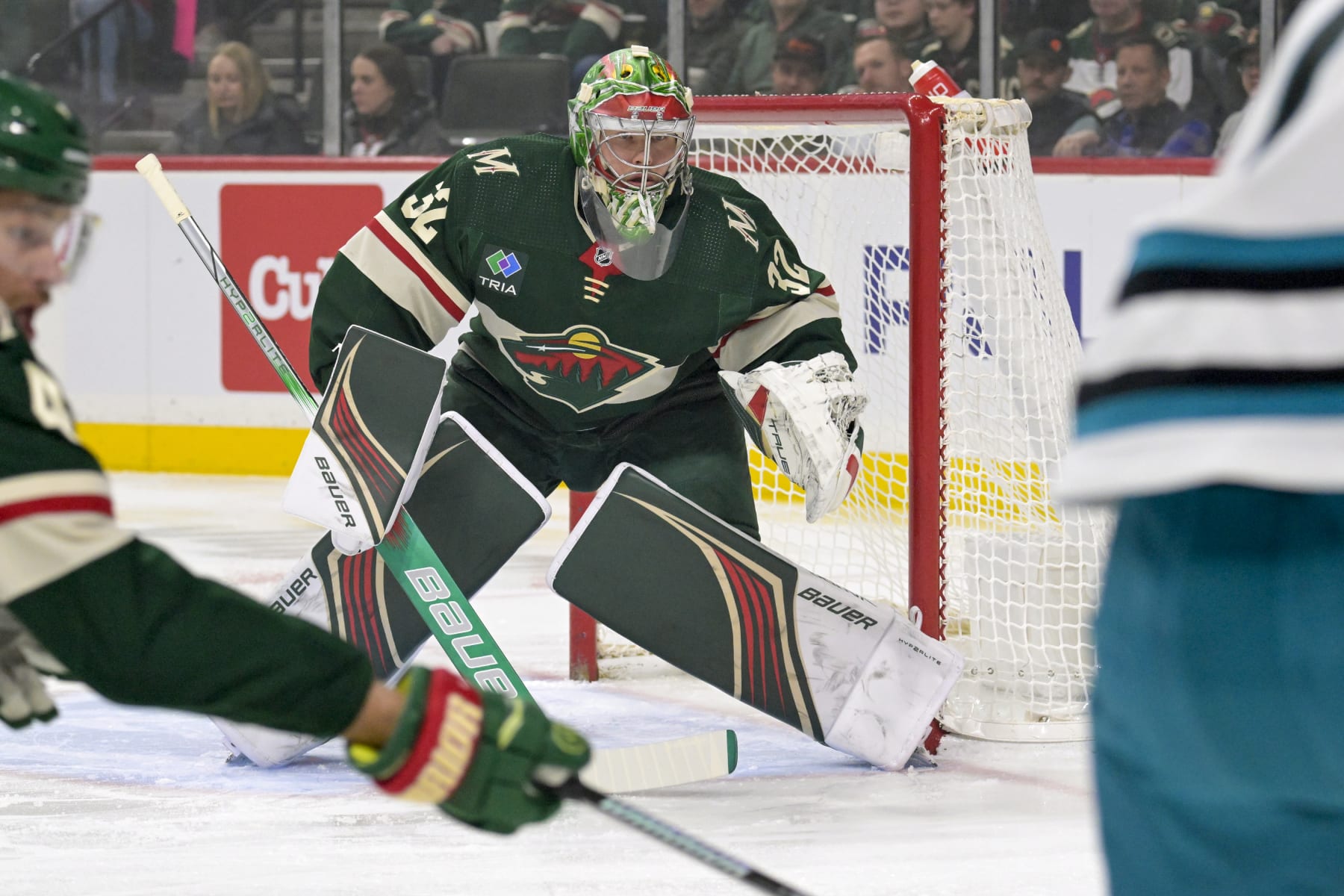 ST. PAUL, MINNESOTA - MARCH 28: Filip Gustavsson #32 of the Minnesota Wild tracks the puck against the San Jose Sharks during the first period at Excel Energy Center on March 28, 2024 in St. Paul Minnesota. (Photo by Nick Wosika/Getty Images)