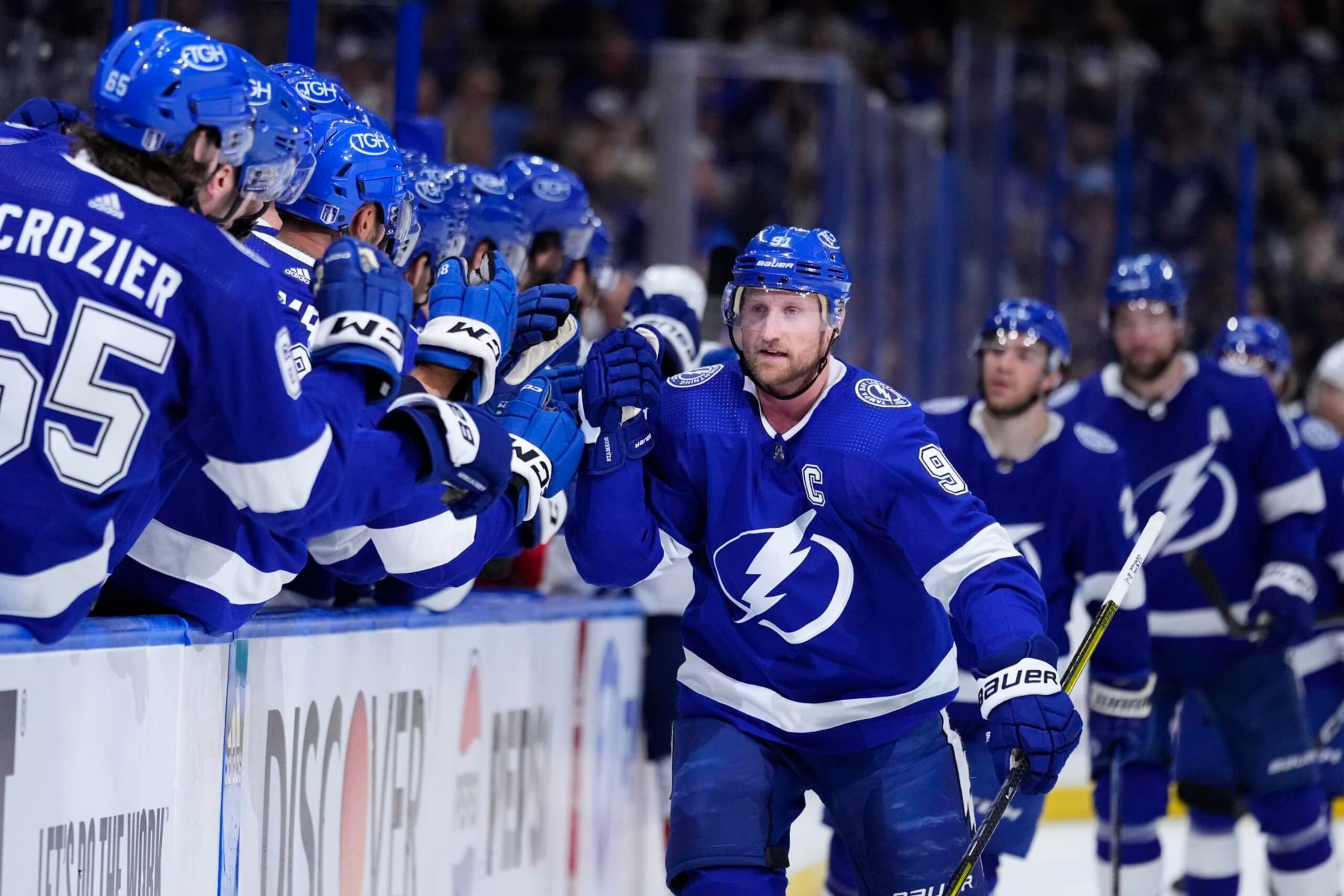 TAMPA, FLORIDA - APRIL 27: Steven Stamkos #91 of the Tampa Bay Lightning celebrates with teammates after scoring against the Florida Panthers during the first period during Game Four of the First Round of the 2024 Stanley Cup Playoffs at Amalie Arena on April 27, 2024 in Tampa, Florida. (Photo by Rich Storry/Getty Images)