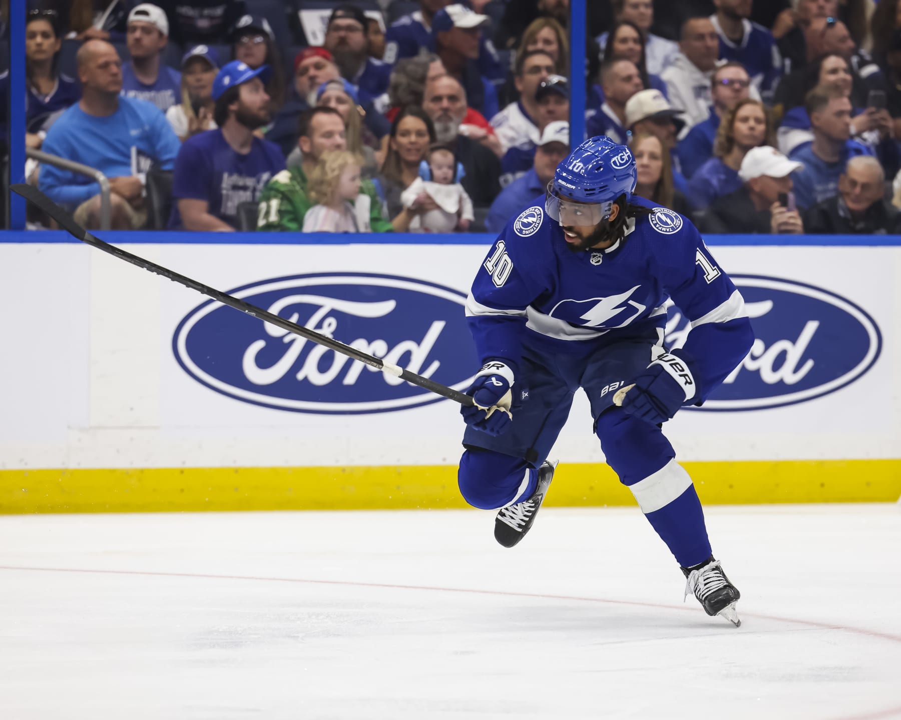 TAMPA, FL - APRIL 27: Anthony Duclair #10 of the Tampa Bay Lightning skates against the Florida Panthers in Game Four of the First Round of the 2024 Stanley Cup Playoffs at Amalie Arena on April 27, 2024 in Tampa, Florida. (Photo by Mark LoMoglio/NHLI via Getty Images)