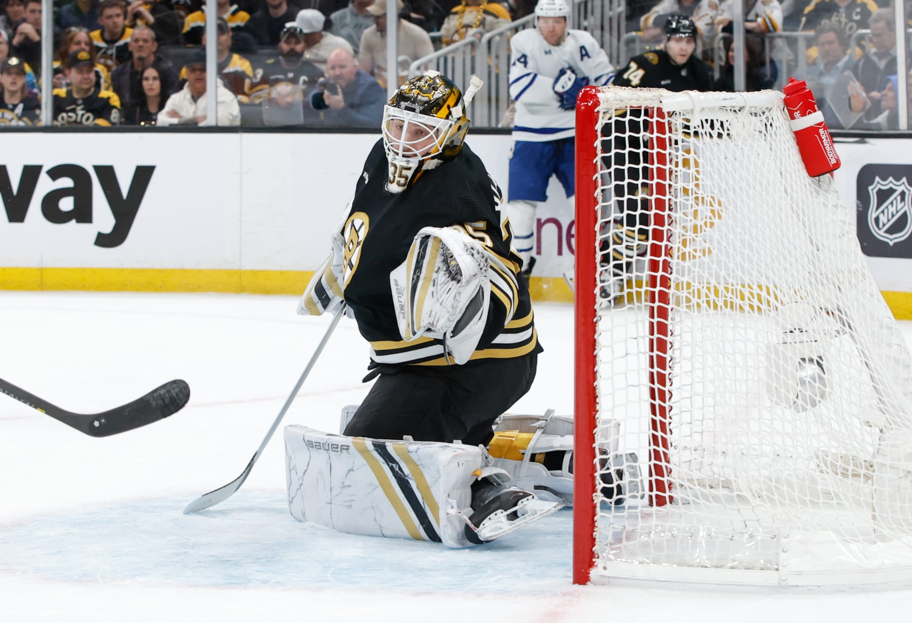 BOSTON, MASSACHUSETTS - APRIL 22: Linus Ullmark #35 of the Boston Bruins tends goal against the Toronto Maple Leafs during the second period in Game Two of the First Round of the 2024 Stanley Cup Playoffs at the TD Garden on April 22, 2024 in Boston, Massachusetts. The Maple Leafs won 3-2 to even the series at 1-1. (Photo by Richard T Gagnon/Getty Images)