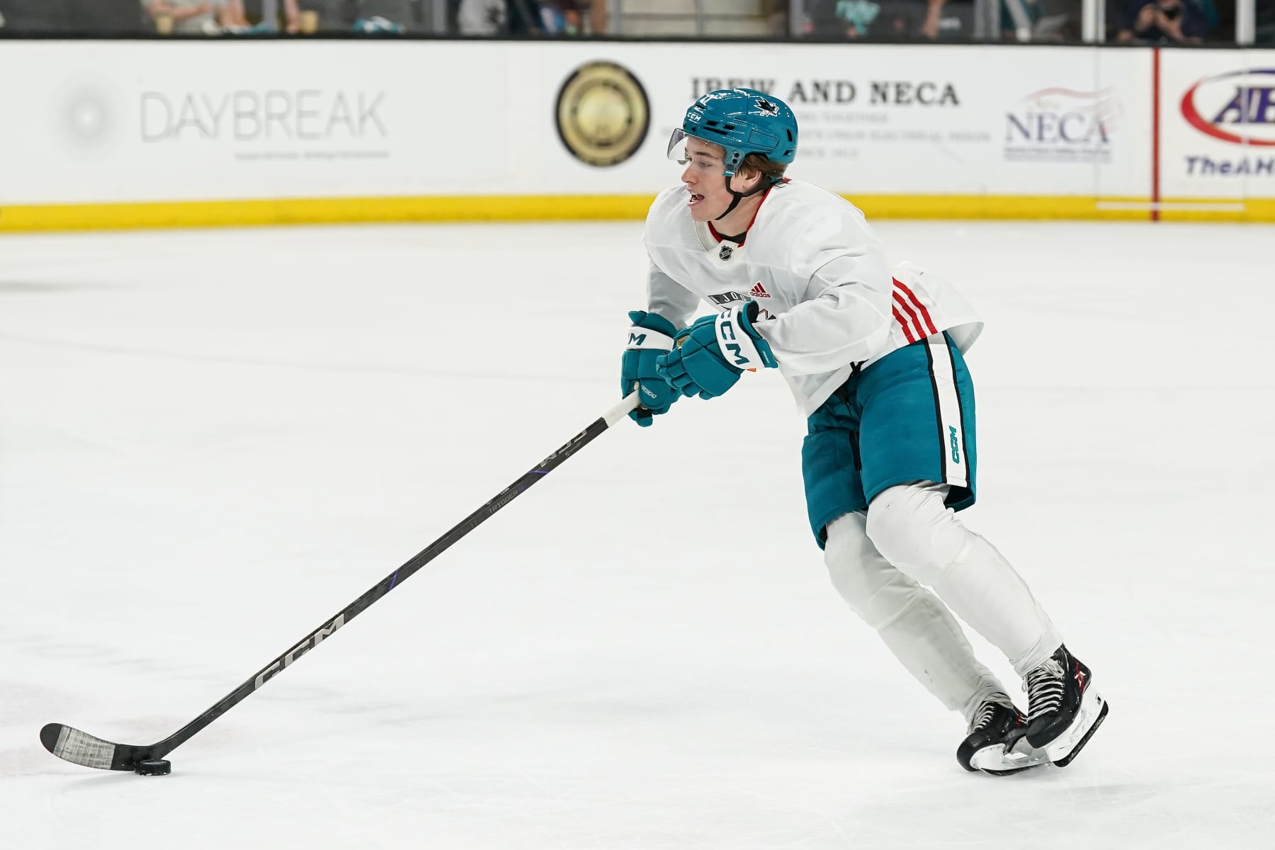 SAN JOSE, CA - JULY 4: Macklin Celebrini #71 of the San Jose Sharks skates during the San Jose Sharks Prospect Scrimmage at Tech CU Arena on July 4, 2024 in San Jose, California. (Photo by Kavin Mistry/NHLI via Getty Images)