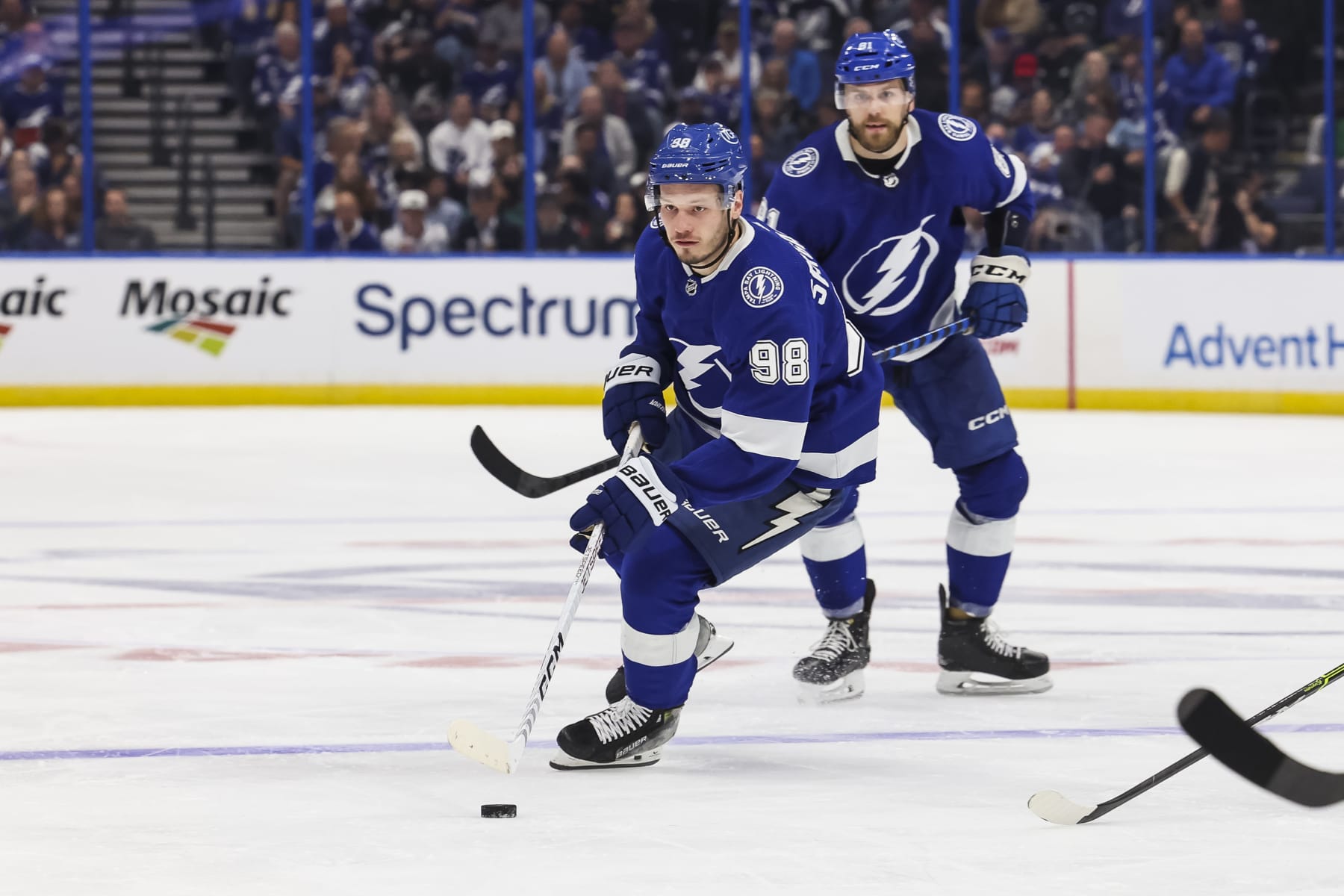 TAMPA, FL - DECEMBER 4: Mikhail Sergachev #98 of the Tampa Bay Lightning against the Dallas Stars during the second period at Amalie Arena on December 4, 2023 in Tampa, Florida. (Photo by Mark LoMoglio/NHLI via Getty Images)