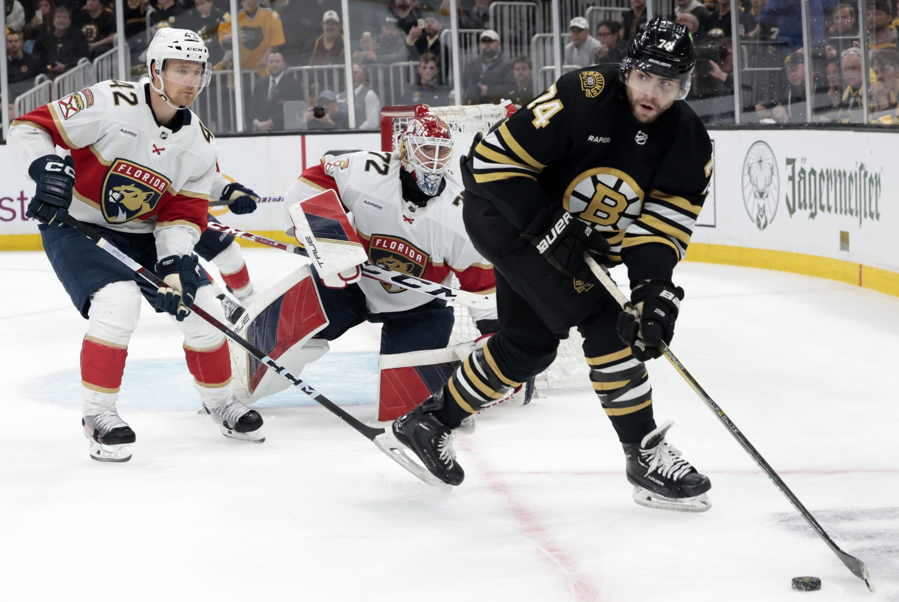 BOSTON, MA - MAY 12: Boston Bruins left wing Jake DeBrusk (74) looks back to the point during Game 4 of the Eastern Conference Second Round playoffs between the Boston Bruins and the Florida Panthers  on May 12 2024, at TD Garden in Boston, Massachusetts.(Photo by Fred Kfoury III/Icon Sportswire via Getty Images)