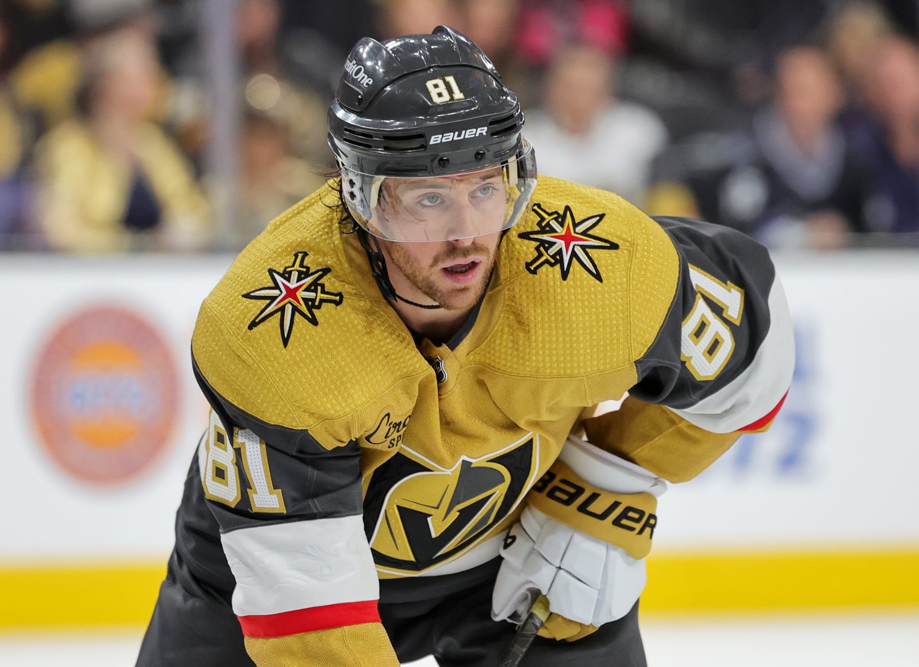 LAS VEGAS, NEVADA - APRIL 18: Jonathan Marchessault #81 of the Vegas Golden Knights waits for a faceoff in the second period of a game against the Anaheim Ducks at T-Mobile Arena on April 18, 2024 in Las Vegas, Nevada. The Ducks defeated the Golden Knights 4-1. (Photo by Ethan Miller/Getty Images)