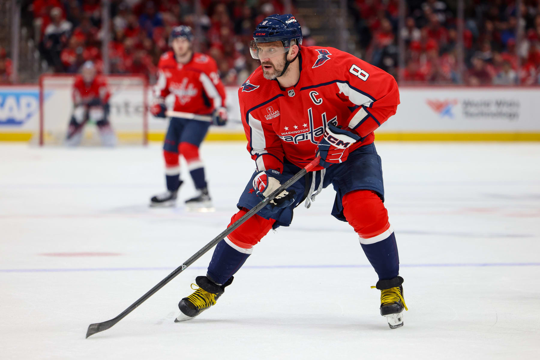 WASHINGTON, DC - APRIL 26: Alex Ovechkin #8 of the Washington Capitals pursues the puck carrier during a game against the New York Rangers in Game Three of the First Round of the 2024 Stanley Cup Playoffs at Capital One Arena on April 26, 2024 in Washington, D.C. (Photo by John McCreary/NHLI via Getty Images)