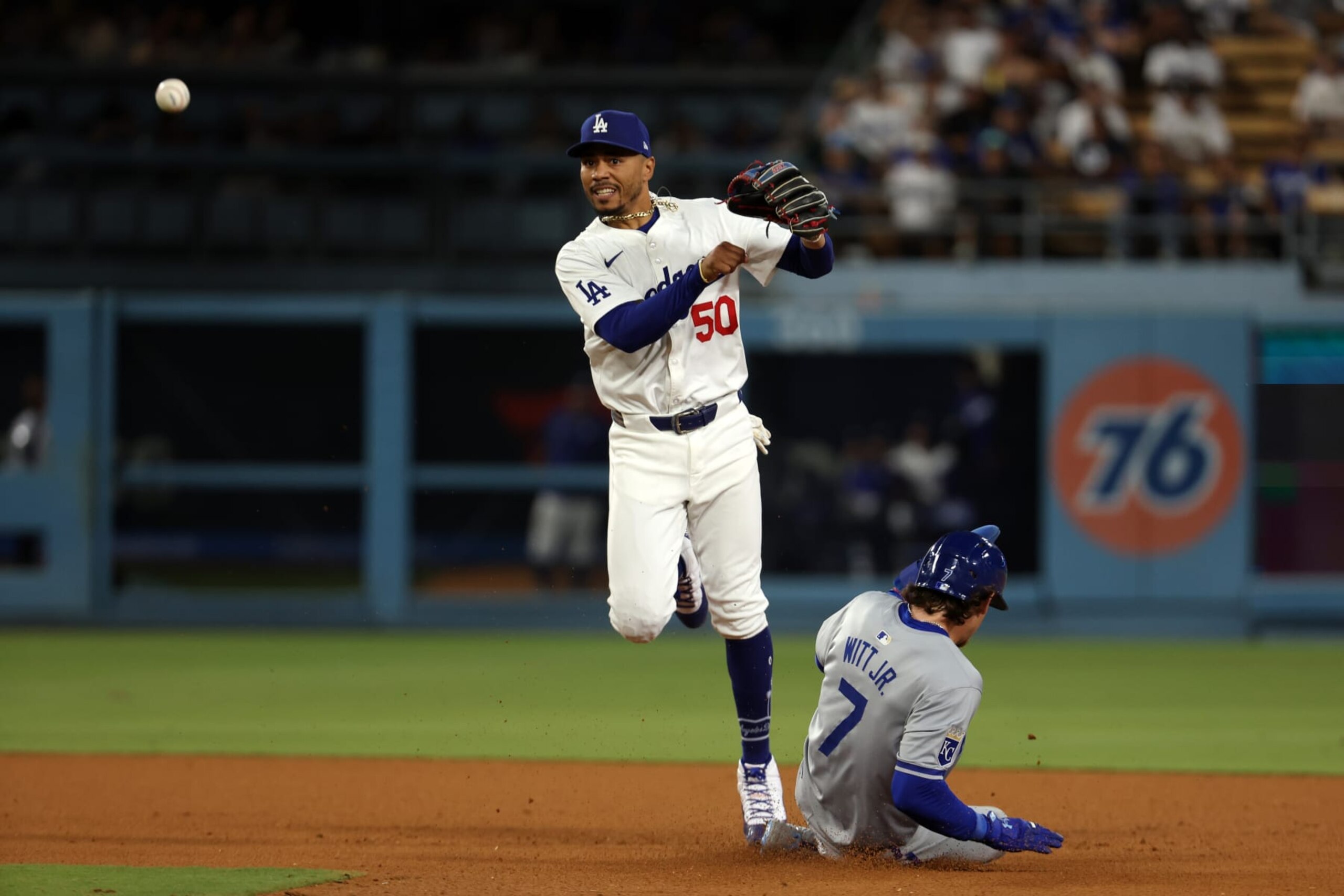 LOS ANGELES, CA - JUNE 15:  Mookie Betts #50 of the Los Angeles Dodgers plays shortstop during the game against the Kansas City Royals at Dodger Stadium on June 15, 2024 in Los Angeles, California. The Royals defeated the Dodgers 7-2. (Photo by Rob Leiter/MLB Photos via Getty Images)